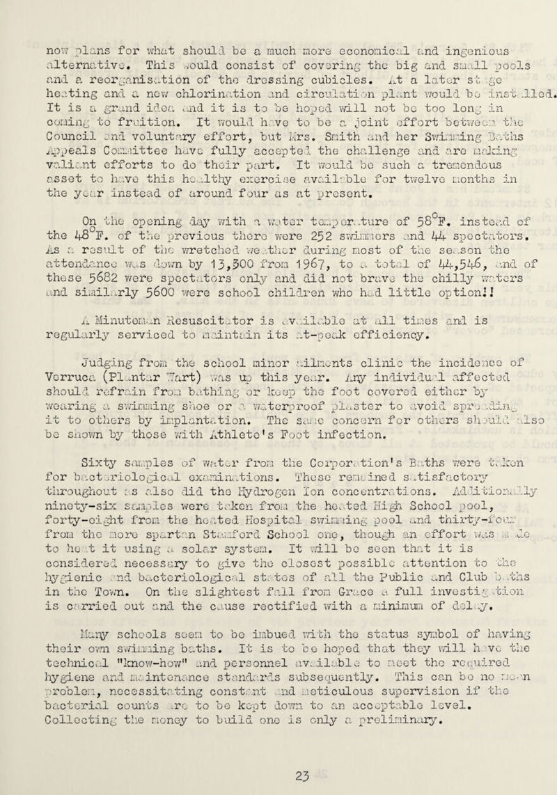 novi _nla,ns for wha,t should be a much more econonioo.l and ingonlous alternative. This aould consist of covering the big and small pools and a reorganis.ation of the dressing cubicles, ht a later st ,gc heating and a nev/ chloriimtion and circulati ui pl..nt v/ould bo inst .lied. It is a grand idea .uid it is to be homed v/ill not be too Ion-: in coning to fruition. It v/ould have to be a joint effort between tlic Council end voluntaiy effort, but LIrs. Smith and her Sv/iniaing baths iippeals Coimiittee have fully accepted the challenge and arc moicing valiant efforts to do their part. It would bo such a tremendous asset to have this hc\.:lthy exercise available for tv/elve months in the yoLir instead of around four as at mresont. On the opening day v/ith a water tomporcture of 58 P, instead cf the kS P. of the previous tlioro were 252 svd.i:miors and 14 spectators, iis a result of the v7retchod v/e.dhcr during most of the se. .son the attGnd.anco wa.s lov/n by 13,500 from 1987, to total of 44,54<o, a.nd of these ^682 Y/ere spect.-itors only and did not brave the chilly waters o.nd similarly 5^00 were school children v^ho h^:.d little optioniJ Minutonan Resuscitator is L:.v>.,ilable at all times and is regularl^^ serviced to maintain its j.t-poak efficiency. Judging from the school minor ailments clinic the incidonu Verruca (Pl.^ntar taart) was up this year. Ary individual affected should refrain from bathing or keep tho foot coverod either b^” 'wearing a swimming srioe or a ivatorproof plaster to avoid sp'i’o.xlin it to others by implantation. The same concern for others sh::'ull shov/n 137- those with Athlete's Poot infection. 01 -SO bo c i .xen Adilitio: Sixty samples of 'Wfit.:.!’ from the Corporation's Baths were for biicteriological examinr^-tions. These remained s .tisfactorj throughout es also 'lid the I-iydrogGn Ion concentrations, ninot3^-si;e scj.iplcs were taken from the heated Higli School pool, forty-oight from the ho=;ted Hospital swirxiing pool and thirtp^-i'o from the more spartan Stamford School one, though an effort i/as Ic to ho ,t it using a solar S3^stem, It wall bo seen that it is considered necessary to givo tho closest possible attention to the hygienic nd bacteriological stvios of all the Public and Club in the Tov;n. On the slightest fall from Grace a full investig is carried out and the ca.use rectified with a mininuin of dolw37, :j ■ ^ U^iS tion their Many schools seem to bo imbued wdth the status symbol of having ' ov.Ti swimming baths. It is to be hoped that they will have the teclinical Icnow-hov/” and personnel av^dlable to hygiene and maintenance standards subsequently. moot the rccuired This can bo no me problon, necessitating const;:,nt .mid meticulous supervision if tho bacterial counts .^.rc to be kept lov/n to an acceptable level. Collecting tlie money to build one is only a preliminary. 'n