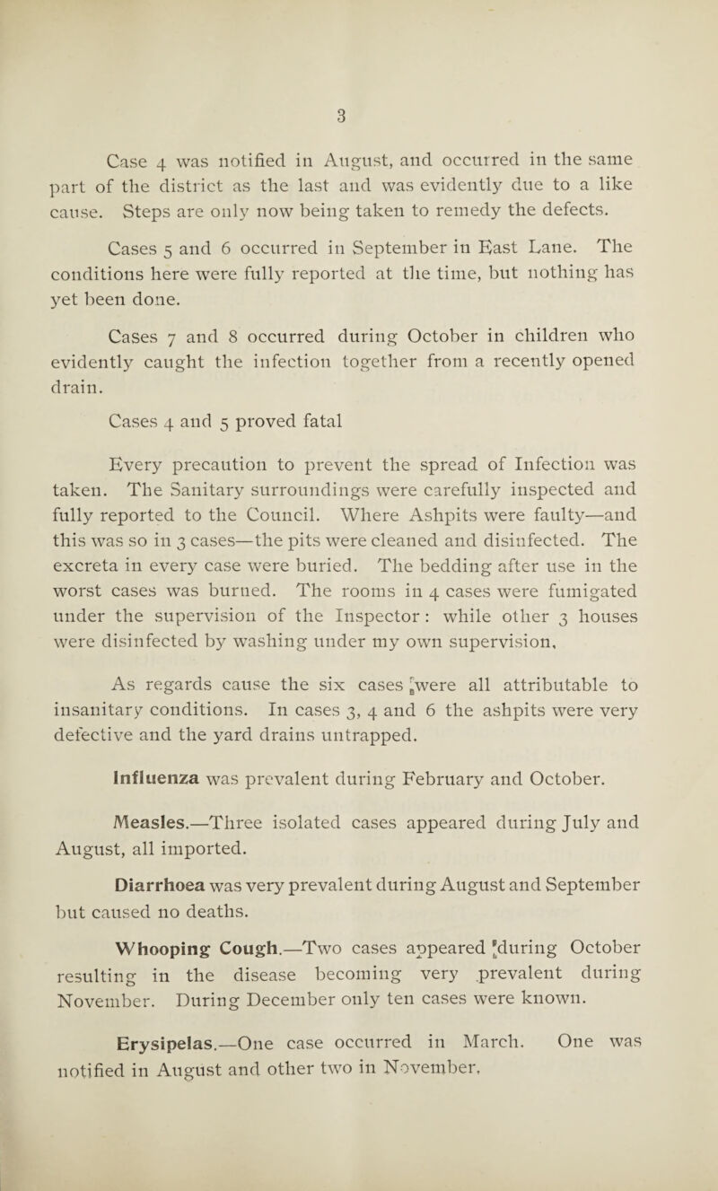 Case 4 was notified in August, and occurred in the same part of the district as the last and was evidently due to a like cause. Steps are only now being taken to remedy the defects. Cases 5 and 6 occurred in September in Hast Lane. The conditions here were fully reported at the time, but nothing has 3^et been done. Cases 7 and 8 occurred during October in children who evidently caught the infection together from a recently opened drain. Cases 4 and 5 proved fatal Every precaution to prevent the spread of Infection was taken. The Sanitary surroundings were carefully inspected and fully reported to the Council. Where Ashpits were faulty—and this was so in 3 cases—the pits were cleaned and disinfected. The excreta in every case were buried. The bedding after use in the worst cases was burned. The rooms in 4 cases were fumigated under the supervision of the Inspector : while other 3 houses were disinfected by washing under my own supervivsion. As regards cause the six cases gWere all attributable to insanitary conditions. In cases 3, 4 and 6 the ashpits were very defective and the yard drains untrapped. Influenza was prevalent during February and October. Measles.—Three isolated cases appeared during July and August, all imported. Diarrhoea was very prevalent during August and September but caused no deaths. Whooping Cough.—Two cases appeared [during October resulting in the disease becoming very .prevalent during November. During December only ten cases were known. Erysipelas.—One case occurred in March. One was notified in August and other two in November,