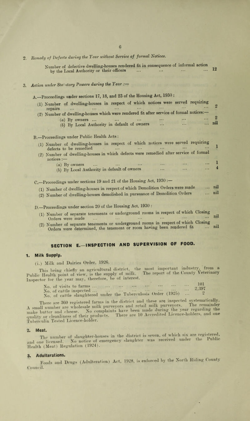 G 2. Remedij of Defects during the Year icithout Service of formal Notices. Number of defective dwelling-houses rendered fit in consequence of informal action by the Local Authority or their officers 3. Action under Statutory Powers during the Year _Proceedings under sections 17, 18, and 23 of the Housing Act, 1930 : (1) Number of dwelling-houses in respect of which notices were served requiring ^ repairs ... ••• ••• ••• . (2) Number of dwelling-houses which were rendered fit after service of formal notices:— (o) By owners ... ... ••• ••• ••• ••• p (b) By Local Authority in default of owners ... ••• ... ml B—Proceedings under Public Health Acts : (1) Number of dwelling-houses in respect of which notices were served requiiing defects to be remedied (2) Number of dwelling-houses in which defects were remedied after service of formal notices :— (a) By owners ... ... ••• '•* ^ (b) By Local Authority in default of owners ... ••• ••• ^ —Proceedings under sections 19 and 21 of the Housing Act, 1930 : (1) Number of dwelling-houses in respect of which Demolition Orders were made (2) Number of dwelling-houses demolished in pursuance of Demolition Orders £).—Proceedings under section 20 of the Housing Act, 1930 : (1) Number of separate tenements or underground rooms in respect of which Closing Orders were made ... •.• ••• ••• • (*>) Number of separate tenements or underground rooms in respect of which Closing Orders were determined, the tenement or room haring been rendered fit SECTION E.—INSPECTION AND SUPERVISION OF FOOD. 1. Milk Supply. (i.) Milk and Dairies Order, 192G. This being chiefly an agricultural di.strict, the Public Health point of'view, is the supply of milk. Inspector for the year may, therefore, be of interest. most important industry, from a The report of the County Veterinary No. of visits to farms ... No. of cattle inspected ... No. of cattle .slaughtered under the Tuberculosis Order (192-)) 101 2.39T o There are 360 registered farms in the di.strict and these are inspected systematically. A small number are wholesale milk purveyors and retail milk purveyors. 1 he remainder make butter and chee.se. No complaints have been made during the year regaiding (piality or cleanline.ss of their products. There are 10 Accredited Tncence-holders, and one Tuberculin Tested Licence-holder. 2. Meat. The number of slaughter-hou.ses in the district is and one licensed. No notice of emergency slaughter Health (Meat) Begulation (1924). seven, of which six are registered, was received under the Public 3. Adulterations. Foods and Drugs (Adulteration) Act, Council. 1928, is enforced by the North Biding County