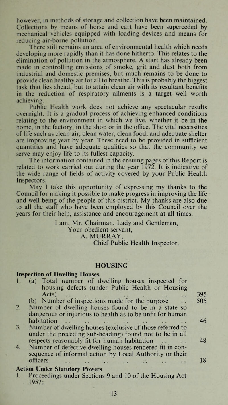 however, in methods of storage and collection have been maintained. Collections by means of horse and cart have been superceded by mechanical vehicles equipped with loading devices and means for reducing air-borne pollution. There still remains an area of environmental health which needs developing more rapidly than it has done hitherto. This relates to the elimination of pollution in the atmosphere. A start has already been made in controlling emissions, of smoke, grit and dust both from industrial and domestic premises, but much remains to be done to provide clean healthy air foi all to breathe. This is probably the biggest task that lies ahead, but to attain clean air with its resultant benefits in the reduction of respiratory ailments is a target well worth achieving. Public Health work does not achieve any spectacular results overnight. It is a gradual process of achieving enhanced conditions relating to the environment in which we live, whether it be in the home, in the factory, in the shop or in the office. The vital necessities of life such as clean air, clean water, clean food, and adequate shelter are improving year by year. These need to be provided in sufficient quantities and have adequate qualities so that the community we serve may enjoy life to its fullest capacity. The information contained in the ensuing pages of this Report is related to work carried out during the year 1972. It is indicative of the wide range of fields of activity covered by your Public Health Inspectors. May I take this opportunity of expressing my thanks to the Council for making it possible to make progress in improving the life and well being of the people of this district. My thanks are also due to all the staff who have been employed by this Council over the years for their help, assistance and encouragement at all times. I am, Mr. Chairman, Lady and Gentlemen, Your obedient servant, A. MURRAY, Chief Public Health Inspector. HOUSING Inspection of Dwelling Houses 1. (a) Total number of dwelling houses inspected for housing defects (under Public Health or Housing Acts).395 (b) Number of inspections made for the purpose .. 505 2. Number of dwelling houses found to be in a state so dangerous or injurious to health as to be unfit for human habitation .. .. .. .. .. .. .. 46 3. Number of dwelling houses (exclusive of those referred to under the preceding sub-heading) found not to be in all respects reasonably fit for human habitation .. .. 48 4. Number of defective dwelling houses rendered fit in con¬ sequence of informal action by Local Authority or their officers .. .. .. .. .. .. 18 Action Under Statutory Powers 1. Proceedings under Sections 9 and 10 of the Housing Act 1957;