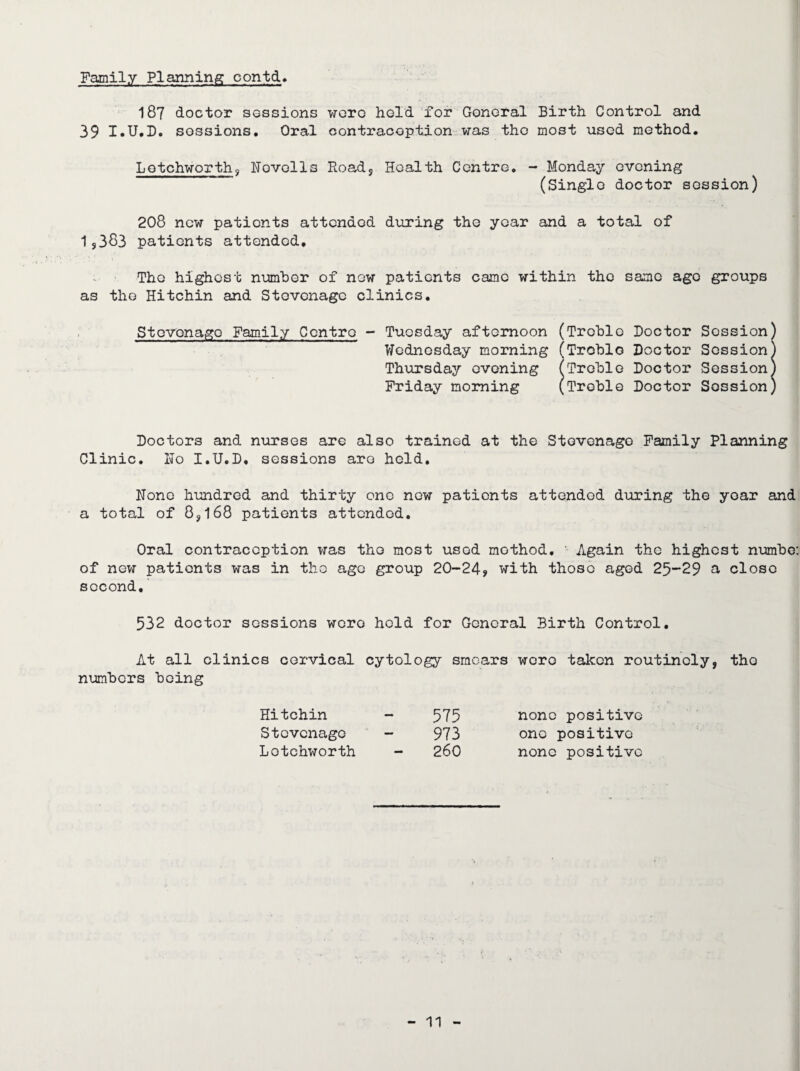 Family Planning contd 187 doctor sessions were hold for General Birth Control and 39 I.U.D. sessions. Oral contraception was the most used method. Lotchworth, Novolls Road, Health Centre. - Monday evening (Single doctor session) 208 new patients attended during the year and a total of 19333 patients attended. The highest number of now patients came within the same ago groups as the Hitchin and Stevenage clinics. Stevenage Family Centro - Tuesday afternoon (Treble Doctor Session) Wednesday morning (Troblo Doctor Session) Thursday evening (Treble Doctor Session) Friday morning (Treble Doctor Session) Doctors and nurses are also trained at the Stevenage Family Planning Clinic. No I.U.D, sessions are held. None hundred and thirty one new patients attended during the year and a total of 8,168 patients attended. Oral contraception was the most used method. - Again the highest numbe: of new patients was in the age group 20-24* with those aged 25-29 a close second. 532 doctor sessions were hold for General Birth Control. At all clinics cervical cytology smears wore taken routinely, tho numbers being Hitchin - 575 nono positive Stevenage - 973 one positive Lotchworth - 260 none positive