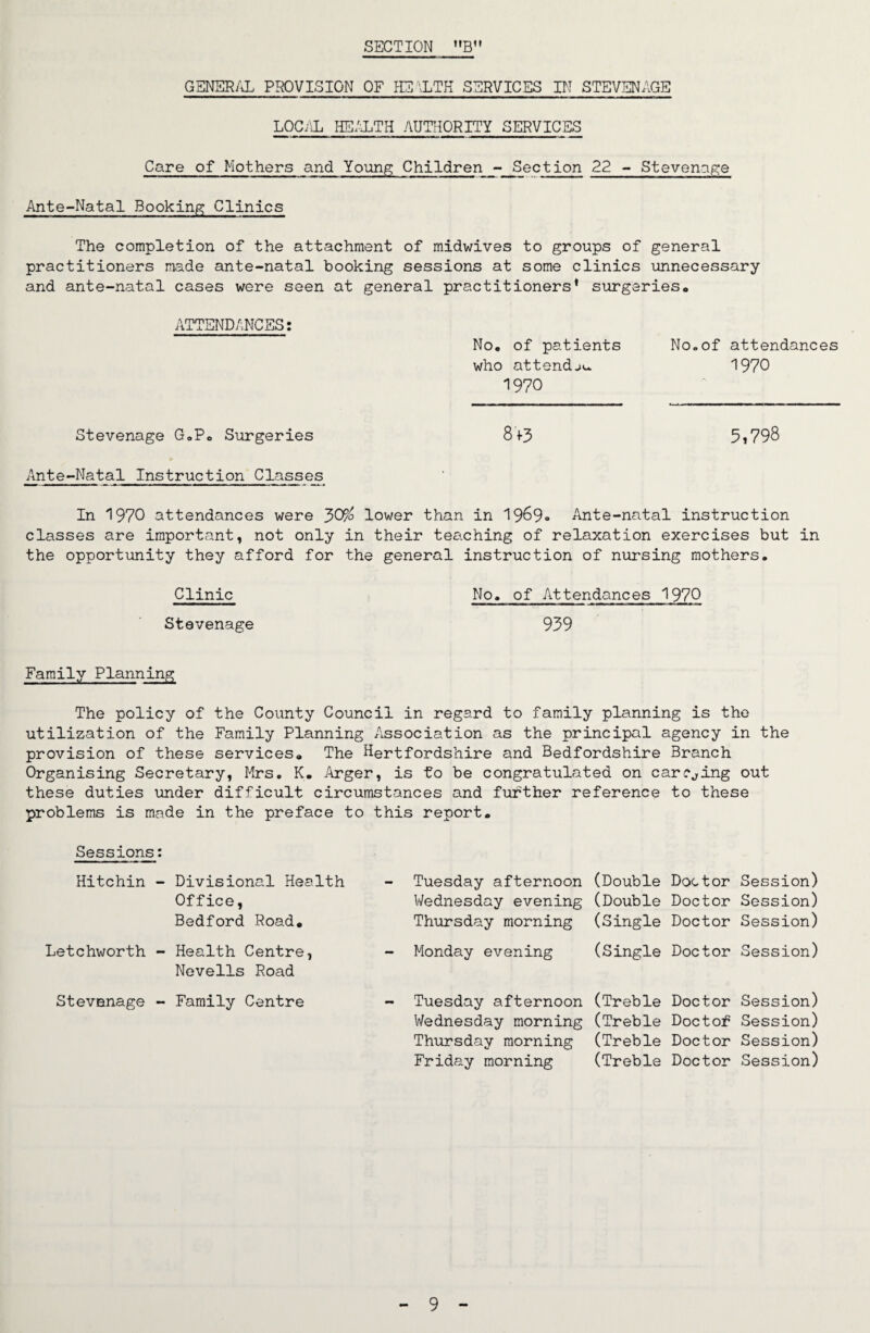 GENERAL PROVISION OF H3ILTH SERVICES IN STEVENAGE LOCAL HEALTH AUTHORITY SERVICES Care of Mothers and Young Children -Section 22 - Stevenage Ante-Natal Booking Clinics The completion of the attachment of midwives to groups of general practitioners made ante-natal booking sessions at some clinics unnecessary and ante-natal cases were seen at general practitioners* surgeries. ATTENDANCES; No. of patients No. of attendances who attends 1970 1970 Stevenage G.P. Surgeries 8f3 5i798 Ante-Natal Instruction Classes In 1970 attendances were J>QP/o lower than in 1969* Ante-natal instruction classes are important, not only in their teaching of relaxation exercises but in the opportunity they afford for the general instruction of nursing mothers. Clinic No. of Attendances 1970 Stevenage 939 Family Planning The policy of the County Council in regard to family planning is the utilization of the Family Planning dissociation as the principal agency in the provision of these services. The Hertfordshire and Bedfordshire Branch Organising Secretary, Mrs. K. Arger, is to be congratulated on carding out these duties under difficult circumstances and further reference to these problems is made in the preface to this report. Sessions: Hitchin - Divisional Health Office, Bedford Road. Letchworth - Health Centre, Nevells Road Stevenage - Family Centre Tuesday afternoon (Double Doctor Session) Wednesday evening (Double Doctor Session) Thursday morning (Single Doctor Session) Monday evening (Single Doctor Session) Tuesday afternoon Wednesday morning Thursday morning Friday morning (Treble (Treble (Treble (Treble Doctor Session) Doctof Session) Doctor Session) Doctor Session)
