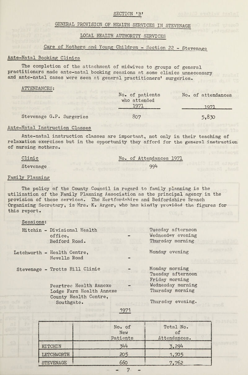 GENERAL PROVISION OF HEALTH SERVICES IN STEVENAGE LOCAL liEALTH AUTHORITY SERVICES Care of Mothers and Younp; Children -- Section 22 - Steypn^pp Ante-Natal Booking Clinics The completion of the attachment of midwives to groups of general practitioners made ante—natal booking sessions at some clinics unnecessary and ante-natal cases were seen a.t general practitioners’ surgeries. ATTENDANCES; No. of patients No. of attendances who attended - - 1971 _1071 Stevenage G.P. Surgeries 807 5»830 Ante-Natal Instruction Classes Ante-natal instruction classes are important, not only in their teaching of relaxation exercises but in the opportunity they afford for the general inetruction of nursing mothers. Clinic Stevenage Family Planning The policy of the County Council in regard to family planning is the utilization of the Family Planning Association as the principal agency in the provision of these services. The Hertfordshire and Bedfordshire Branch Organising Secretary, is Mrs. K. Arger, who has kindly provided the figures for this report. Sessions: Hitchin - Divisional Health office, Bedford Road. Letchworth - Health Centre, Nevells Road Stevenage - Trotts Hill Clinic Peartree Health Annexe Lodge Farm Health Annexe County Health Centre, Southgate. 1971 Tuesday afternoon Wednesday evening Thursday morning Monday evening Monday morning Tuesday afternoon Friday morning Wednesday morning Thursday morning Thursday evening. No. of Attendances 1971 994 0 . 0 Total No. New of Patients Attendances. HITCHIN 344 3,294 LETCHVJORTH 203 1,705 STEVENAGE 660 _7,762_