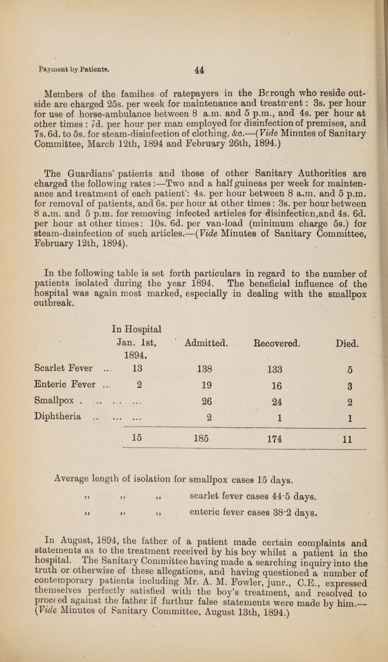 Members of the families of ratepayers in the Borough who reside out¬ side are charged 25s. per week for maintenance and treatment : 3s. per hour for use of horse-ambulance between 8 a.m. and 5 p.m., and 4s. per hour at other times : id. per hour per man employed for disinfection of premises, and 7s. 6d. to 5s. for steam-disinfection of clothing, &c.—(Vide Minutes of Sanitary Committee, March 12th, 1894 and February 26th, 1894.) The Guardians’ patients and those of other Sanitary Authorities are charged the following rates :—Two and a half guineas per week for mainten¬ ance and treatment of each patient*: 4s. per hour between 8 a.m. and 5 p.m. for removal of patients, and 6s. per hour at other times: 3s. per hour between 8 a.m. and 5 p.m. for removing infected articles for disinfection,and 4s. 6d. per hour at other times: 10s. 6d. per van-load (minimum charge 5s.) for steam-disinfection of such articles.—(Vide Minutes of Sanitary Committee, February 12 th, 1894). In the following table is set forth particulars in regard to the number of patients isolated during the year 1894. The beneficial influence of the hospital was again most marked, especially in dealing with the smallpox outbreak. < In Hospital Jan. 1st, Admitted. Eecovered. Died Scarlet Fever 1894. 13 138 133 5 Enteric Fever 2 19 16 3 Smallpox . • - » • • j 26 24 2 Diphtheria * * * • • • 2 1 1 15 185 174 11 Average length of isolation for smallpox cases 15 days. a a ,> scarlet fever cases 44-5 days. a n » enteric fever cases 38*2 days. In August, 1894, the father of a patient made certain complaints and statements as to the treatment received by his boy whilst a patient in the hospital. The Sanitary Committee having made a searching inquiry into the truth or otherwise of these allegations, and having questioned a number of contemporaiy patients including Mr. A. M. Fowler, junr., C.E., expressed themselves peifectly satisfied with the boy s treatment, and resolved to proceed against the father if furthur false statements were made by him._ (Vide Minutes of Sanitary Committee, August 13th, 1894.)
