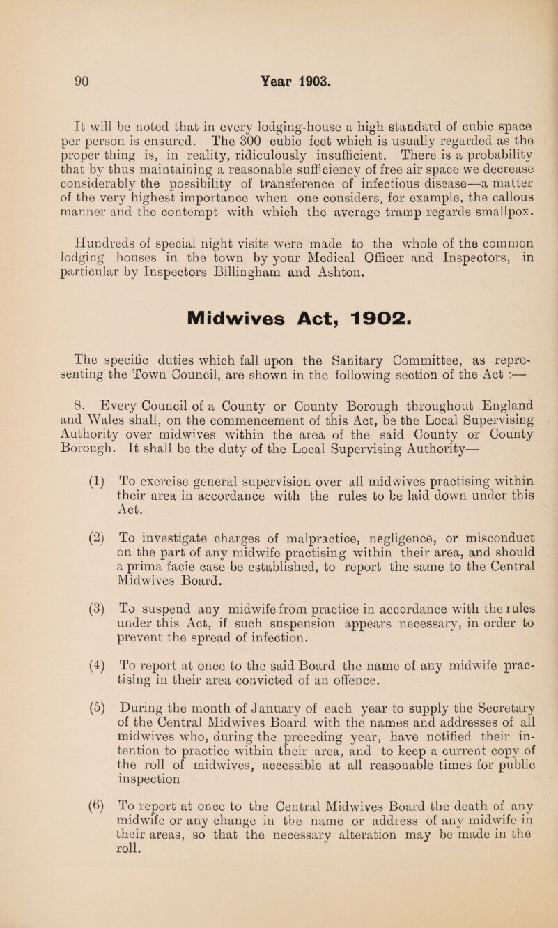 Ifc will be noted that in every lodging-house a high standard of cubic space per person is ensured. The 300 cubic feet which is usually regarded as the proper thing is, in reality, ridiculously insufficient. There is a probability that by thus maintaining a reasonable sufficiency of free air space we decrease considerably the possibility of transference of infectious disease—a matter of the very highest importance when one considers, for example, the callous manner and the contempt with which the average tramp regards smallpox. Hundreds of special night visits were made to the whole of the common lodging houses in the town by your Medical Officer and Inspectors, in particular by Inspectors Billingham and Ashton. Mid wives Act, 1902. The specific duties which fall upon the Sanitary Committee, as repre¬ senting the Town Council, are shown in the following section of the Act 8. Every Council of a County or County Borough throughout England and Wales shall, on the commencement of this Act, be the Local Supervising Authority over midwives within the area of the said County or County Borough. It shall be the duty of the Local Supervising Authority— (1) To exercise general supervision over all midwives practising within their area in accordance with the rules to be laid down under this Act. (2) To investigate charges of malpractice, negligence, or misconduct on the part of any midwife practising within their area, and should a prima facie case be established, to report the same to the Central Midwives Board. (3) To suspend any midwife from practice in accordance with the rules under this Act, if such suspension appears necessary, in order to prevent the spread of infection. (4) To report at once to the said Board the name of any midwife prac¬ tising in their area convicted of an offence. (5) During the month of January of each year to supply the Secretary of the Central Midwives Board with the names and addresses of all midwives who, during the preceding year, have notified their in¬ tention to practice within their area, and to keep a current copy of the roll of midwives, accessible at all reasonable times for public inspection. (6) To report at once to the Central Mid wives Board the death of any midwife or any change in the name or address of any midwife in their areas, so that the necessary alteration may be made in the roll.