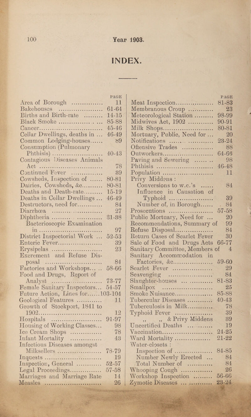 INDEX. PAGE Area of Borough . 11 Bakehouses . 61-64 Births and Birth-rate . 14-15 Black Smoke .. ... 85-88 Cancer. 45-46 Cedar Dwellings, deaths in ... 46-49 Common Lodging-houses. 89 Consumption (Pulmonary Phthisis). 40-43 Contagious Diseases Animals Act. 78 Continued Fever . 89 Cowsheds, Inspection of . 80-81 Dairies, Cowsheds, &c. 80-81 Deaths and Death-rate.. 15-19 Deaths in Cellar Dwellings ... 46-49 Destructors, need for. 84 Diarrhoea . 27 Diphtheria . 31-88 Bacterioscopic Examination in. 97 District Inspectorial Work ... 52-53 Enteric Fever. 39 Erysipelas . 23 Excrement and Refuse Dis¬ posal . 84 Factories and Workshops. 58-66 Food and Drugs, Report of Analyst . 73-77 Female Sanitary Inspectors... 54-57 Future Action, Lines for.103-104 Geological Features .. 11 Growth of Stockport, 1841 to 1902. 12 Hospitals . 91-97 Housing of Working Classes... 98 Ice Cream Shops .. 78 Infant Mortality . 43 Infectious Diseases amongst Milksellers . 78-79 Inquests .. 19 Inspection, General . 52-57 Legal Proceedings. 57-58 Marriages and Marriage Rate 14 Measles . 26 PAGE Meat Inspection... 81-83 Membranous Croup . 23 Meteorological Station. 98-99 Midwives Act, 1902 . 90-91 Milk Shops. 80-81 Mortuary, Public, Need for ... 20 Notifications _...... . 23-24 Offensive Trades . 88 Outworkers. 64-66 Paving and Sewering . 98 Phthisis ... 46-48 Population . 11 Privy Middens : Conversions to w.c.’s . 84 Influence in Causation of Typhoid .. 39 Number of, in Borough. 84 Prosecutions . 57-58 Public Mortuary, Need for ... 20 Recommendations, Summary of 99 Refuse Disposal. 84 Return Cases of Scarlet Fever 30 Sale of Food and Drugs Acts 66-77 Sanitary Committee, Members of 4 Sanitary Accommodation in Factories, &c. 59-60 Scarlet Fever . 29 Scavenging . 84 Slaughter-houses . 81-83 Smallpox . 25 Smoke Nuisance. 85-88 Tubercular Diseases . 40-43 Tuberculosis in Milk. 78 Typhoid Fever . 39 ,, ,, & Privy Middens 39 Uncertified Deaths . 19 Vaccination. 24-25 Ward Mortality .. 21-22 Water-closets : Inspection of . 84-85 Number Newly Erected ... 84 Total Number of . 84 Whooping Cough . 26 Workshop Inspection . 56-66 Zymotic Diseases . 23-24-