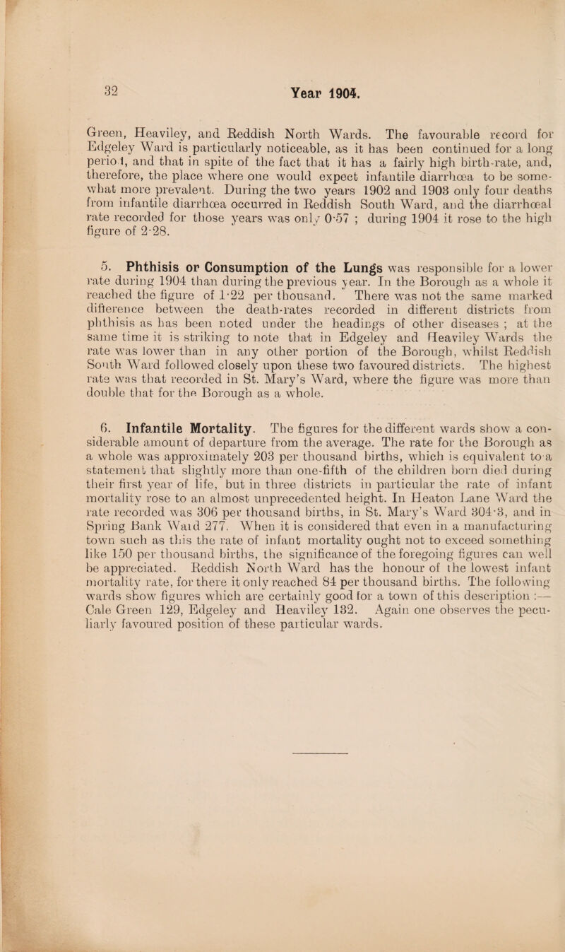 Green, Heaviley, and Reddish North Wards. The favourable record for Edgeley Ward is particularly noticeable, as it has been continued for a long’ period, and that in spite of the fact that it has a fairly high birth-rate, and, therefore, the place where one would expect infantile diarrhoea to be some¬ what more prevalent. During the two years 1902 and 1903 only four deaths from infantile diarrhoea occurred in Reddish South Ward, and the diarrhoea! rate recorded for those years was only 0’57 ; during 1904 it rose to the high figure of 2-28. 5. Phthisis or Consumption of the Lungs was responsible for a lower rate during 1904 than during the previous year. In the Borough as a whole it reached the figure of 1*22 per thousand. There was not the same marked difference between the death-rates recorded in different districts from phthisis as has been noted under the headings of other diseases ; at the same time it is striking to note that in Edgeley and Heaviley Wards the rate was lower than in any other portion of the Borough, whilst Reddish South Ward followed closelyr upon these two favoured districts. The highest rate was that recorded in St. Mary’s Ward, where the figure was more than double that for the Borough as a whole. 6. Infantile Mortality. The figures for the different wards show a con¬ siderable amount of departure from the average. The rate for the Borough as a whole was approximately 203 per thousand births, which is equivalent to a statement that slightly more than one-fifth of the children born died during their first year of life, but in three districts in particular the rate of infant mortality rose to an almost unprecedented height. In Heaton Lane Ward the rate recorded was 306 per thousand births, in St. Mary’s Ward 304-3, and in Spring Bank Waul 277. When it is considered that even in a manufacturing town such as this the rate of infant mortality ought not to exceed something like 150 per thousand births, the significance of the foregoing figures can well be appreciated. Reddish North Ward has the honour of the lowest infant mortality rate, for there it only reached 84 per thousand births. The following wards show figures which are certainly good for a town of this description :— Gale Green 129, Edgeley and Tleavileyr 132. Again one observes the pecu¬ liarly favoured position of these particular wards.