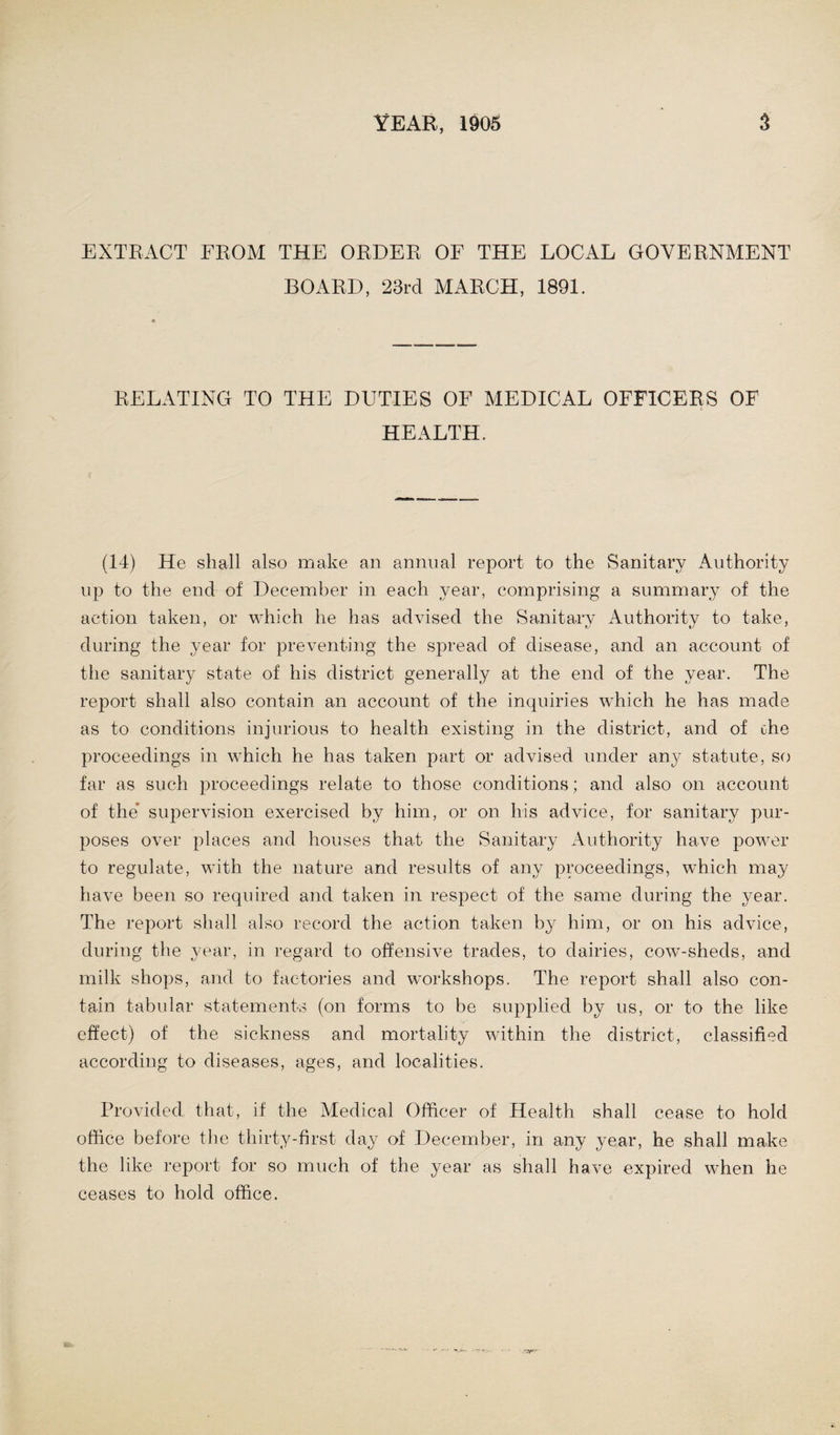 EXTRACT FROM THE ORDER OF THE LOCAL GOVERNMENT BOARD, 23rd MARCH, 1891. RELATING TO THE DUTIES OF MEDICAL OFFICERS OF HEALTH. (14) He shall also make an annual report to the Sanitary Authority up to the end of December in each year, comprising a summary of the action taken, or which he has advised the Sanitary Authority to take, during the year for preventing the spread of disease, and an account of the sanitary state of his district generally at the end of the year. The report shall also contain an account of the inquiries which he has made as to conditions injurious to health existing in the district, and of che proceedings in which he has taken part or advised under any statute, so far as such proceedings relate to those conditions; and also on account of the* supervision exercised by him, or on his advice, for sanitary pur¬ poses over places and houses that the Sanitary Authority have power to regulate, with the nature and results of any proceedings, which may have been so required and taken in respect of the same during the year. The report shall also record the action taken by him, or on his advice, during the year, in regard to offensive trades, to dairies, cow-sheds, and milk shops, and to factories and workshops. The report shall also con¬ tain tabular statements (on forms to be supplied by us, or to the like effect) of the sickness and mortality within the district, classified according to diseases, ages, and localities. Provided that, if the Medical Officer of Health shall cease to hold office before the thirty-first day of December, in any year, he shall make the like report for so much of the year as shall have expired when he ceases to hold office.