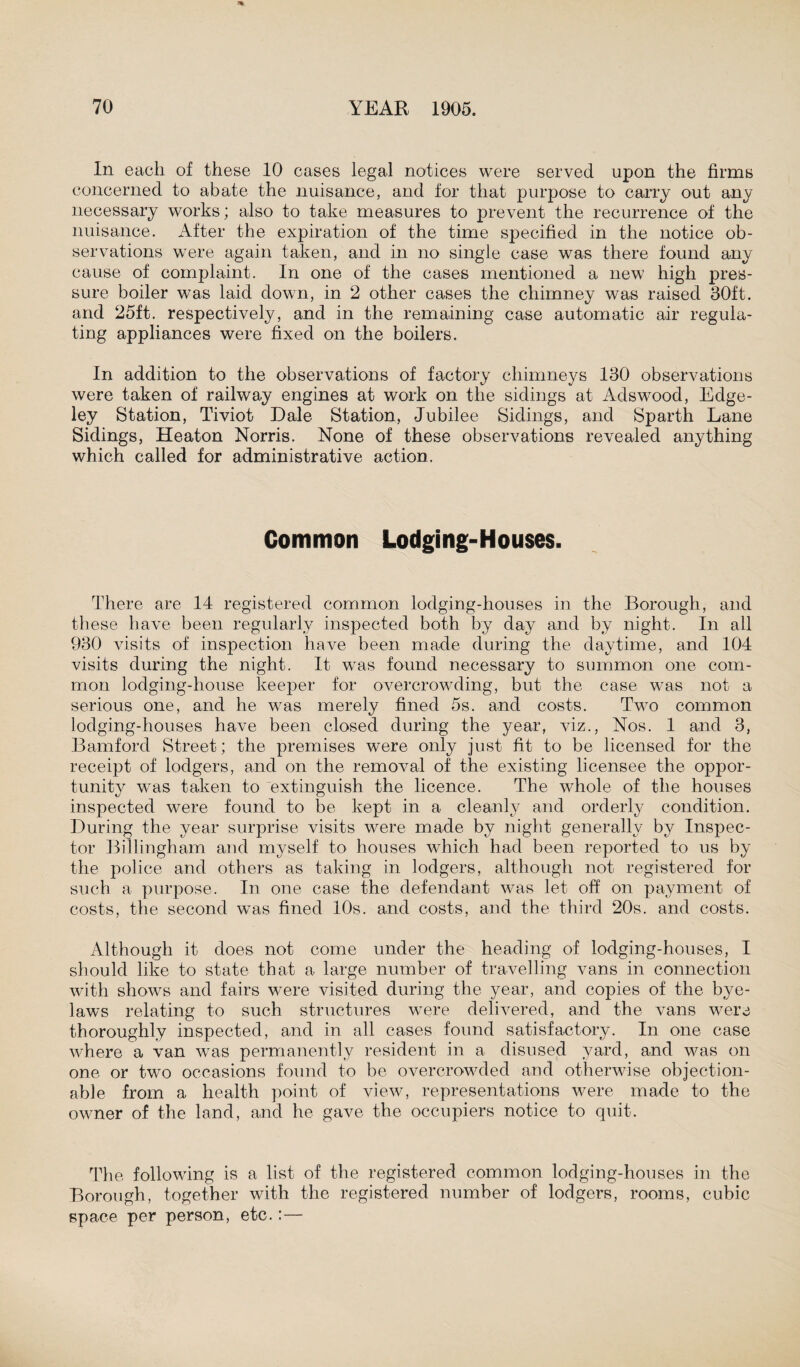 In each of these 10 cases legal notices were served upon the firms concerned to abate the nuisance, and for that purpose to carry out any necessary works; also to take measures to prevent the recurrence of the nuisance. After the expiration of the time specified in the notice ob¬ servations were again taken, and in no single case was there found any cause of complaint. In one of the cases mentioned a new high pres¬ sure boiler was laid down, in 2 other cases the chimney was raised 30ft. and 25ft. respectively, and in the remaining case automatic air regula¬ ting appliances were fixed on the boilers. In addition to the observations of factory chimneys 130 observations were taken of railway engines at work on the sidings at Adswood, Edge- ley Station, Tiviot Dale Station, Jubilee Sidings, and Sparth Lane Sidings, Heaton Norris. None of these observations revealed anything which called for administrative action. Common Lodging-Houses. There are 14 registered common lodging-houses in the Borough, and these have been regularly inspected both by day and by night. In all 930 visits of inspection have been made during the daytime, and 104 visits during the night. It was found necessary to summon one com¬ mon lodging-house keeper for overcrowding, but the case was not a serious one, and he was merely fined 5s. and costs. Two common lodging-houses have been closed during the year, viz., Nos. 1 and 3, Bamford Street; the premises were only just fit to be licensed for the receipt of lodgers, and on the removal of the existing licensee the oppor¬ tunity was taken to extinguish the licence. The whole of the houses inspected were found to be kept in a cleanly and orderly condition. During the year surprise visits were made by night generally by Inspec¬ tor Billingham and myself to houses which had been reported to us by the police and others as taking in lodgers, although not registered for such a purpose. In one case the defendant was let off on payment of costs, the second was fined 10s. and costs, and the third 20s. and costs. Although it does not come under the heading of lodging-houses, I should like to state that a large number of travelling vans in connection with shows and fairs were visited during the year, and copies of the bye¬ laws relating to such structures were delivered, and the vans were thoroughly inspected, and in all cases found satisfactory. In one case where a van was permanently resident in a disused yard, and was on one or two occasions found to be overcrowded and otherwise objection¬ able from a health point of view, representations were made to the owner of the land, and he gave the occupiers notice to quit. The following is a list of the registered common lodging-houses in the Borough, together with the registered number of lodgers, rooms, cubic space per person, etc.:—
