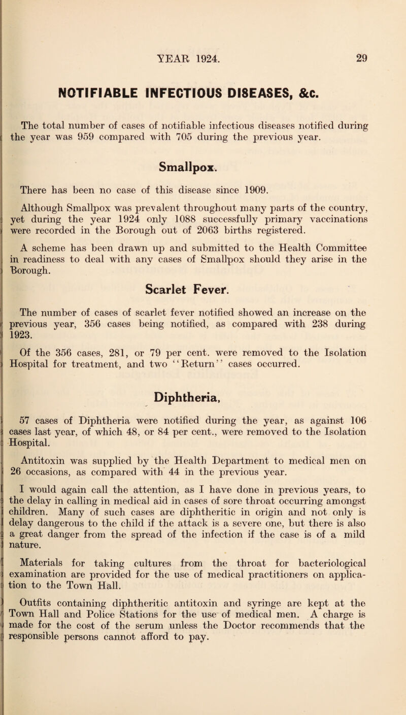 NOTIFIABLE INFECTIOUS DI8EASES, &C. The total number of cases of notifiable infectious diseases notified during the year was 959 compared with 705 during the previous year. Smallpox. There has been no case of this disease since 1909. Although Smallpox was prevalent throughout many parts of the country, 3 yet during the year 1924 only 1088 successfully primary vaccinations ) were recorded in the Borough out of 2063 births registered. A scheme has been drawn up and submitted to the Health Committee in readiness to deal with any cases of Smallpox should they arise in the Borough. Scarlet Fever. The number of cases of scarlet fever notified showed an increase on the previous year, 356 cases being notified, as compared with 238 during 1923. Of the 356 cases, 281, or 79 per cent, were removed to the Isolation Hospital for treatment, and two “Return” cases occurred. Diphtheria, ' 57 cases of Diphtheria were notified during the year, as against 106 cases last year, of which 48, or 84 per cent., were removed to the Isolation Hospital. ! Antitoxin was supplied by the Health Department to medical men on 26 occasions, as compared with 44 in the previous year. I would again call the attention, as I have done in previous years, to the delay in calling in medical aid in cases of sore throat occurring amongst children. Many of such cases are diphtheritic in origin and not only is delay dangerous to the child if the attack is a severe one, but there is also a great danger from the spread of the infection if the case is of a mild nature. Materials for taking cultures from the throat for bacteriological examination are provided for the use of medical practitioners on applica¬ tion to the Town Hall. Outfits containing diphtheritic antitoxin and syringe are kept at the Town Hall and Police Stations for the use of medical men. A charge is made for the cost of the serum unless the Doctor recommends that the responsible persons cannot afford to pay.