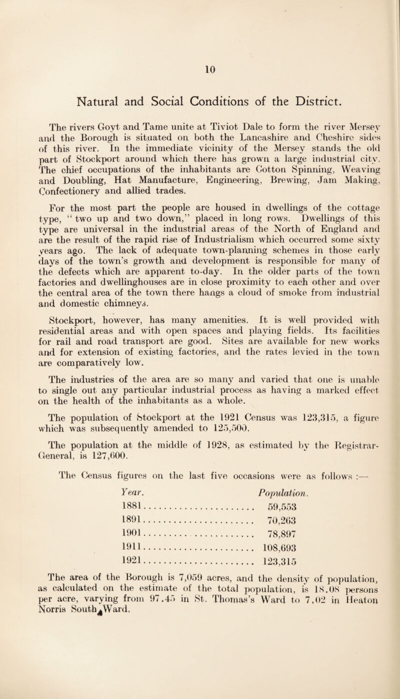 Natural and Social Conditions of the District. The rivers Goyt and Tame unite at Tiviot Dale to form the river Mersey and the Borough is situated on both the Lancashire and Cheshire sides of this river. In the immediate vicinity of the Mersey stands the old part of Stockport around which there has grown a large industrial city. The chief occupations of the inhabitants are Cotton Spinning, Weaving and Doubling, Hat Manufacture, Engineering, Brewing, Jam Making, Confectionery and allied trades. For the most part the people are housed in dwellings of the cottage type, “ two up and two down,” placed in long rows. Dwellings of this type are universal in the industrial areas of the North of England and are the result of the rapid rise of Industrialism which occurred some sixty years ago. The lack of adequate town-planning schemes in those early days of the town’s growth and development is responsible for many of the defects which are apparent to-day. In the older parts of the town factories and dwellinghouses are in close proximity to each other and over the central area of the town there hangs a cloud of smoke from industrial and domestic chimneys. Stockport, however, has many amenities. It is well provided with residential areas and with open spaces and playing fields. Its facilities for rail and road transport are good. Sites are available for new works and for extension of existing factories, and the rates levied in the town are comparatively low. The industries of the area are so many and varied that one is unable to single out any particular industrial process as having a marked effect on the health of the inhabitants as a whole. The population of Stockport at the 1921 Census was 123,315, a figure which was subsequently amended to 125,500. The population at the middle of 1928, as estimated by the Registrar- General, is 127,600. The Census figures on the last five occasions were as follows :— Year. Population. 1881. 1891. 1901. 1911. 1921. The area of the Borough is 7,059 acres, and the density of population, as calculated on the estimate of the total population, is 18.08 persons per acre, varying from 97.45 in St. Thomas’s Ward to 7,02 in Heaton Norris South ^Ward,