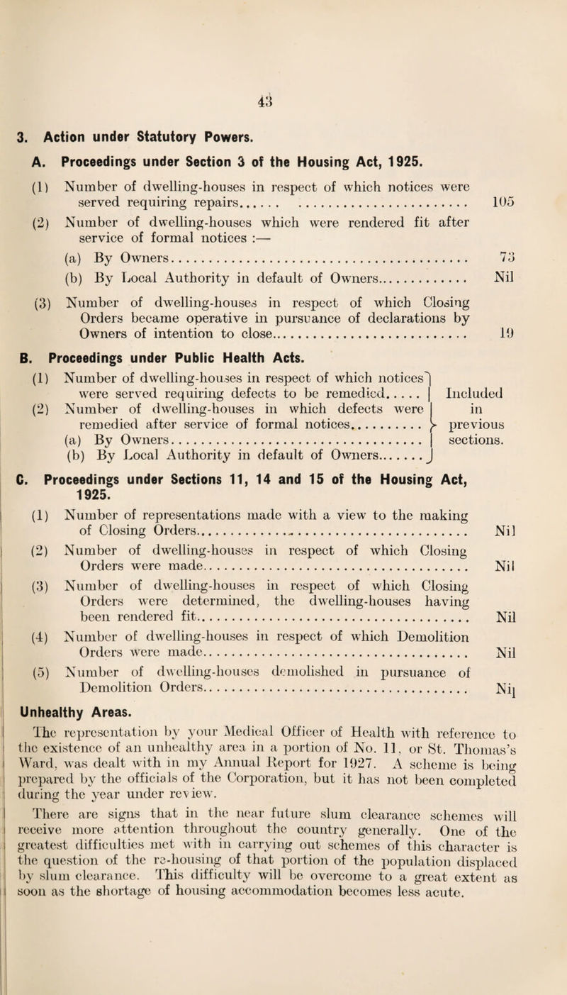 3. Action under Statutory Powers. A. Proceedings under Section 3 of the Housing Act, 1925. (1) Number of dwelling-houses in respect of which notices were served requiring repairs. 105 (2) Number of dwelling-houses which were rendered fit after service of formal notices :— (a) By Owners. 73 (b) By Local Authority in default of Owners. Nil (3) Number of dwelling-houses in respect of which Closing Orders became operative in pursuance of declarations by Owners of intention to close. 19 B. Proceedings under Public Health Acts. (1) Number of dwelling-houses in respect of which notices') were served requiring defects to be remedied.| Included (2) Number of dwelling-houses in which defects were I in remedied after service of formal notices.f previous (a) By Owners.| sections. (b) By Local Authority in default of Owners.J C. Proceedings under Sections 11, 14 and 15 of the Housing Act, 1925. (1) Number of representations made with a view to the making of Closing Orders. Nil (2) Number of dwelling-houses in respect of which Closing Orders were made. Nil (3) Number of dwelling-houses in respect of which Closing Orders were determined, the dwelling-houses having been rendered fit. Nil (4) Number of dwelling-houses in respect of which Demolition Orders Avere made. Nil (5) Number of dAvelling-houses demolished in pursuance of Demolition Orders. Nq Unhealthy Areas. The representation by your Medical Officer of Health with reference to the existence of an unhealthy area in a portion of No. 11, or St. Thomas’s Ward, was dealt with in my Annual Report for 1927. A scheme is being prepared by the officials of the Corporation, but it has not been completed during the \rear under review. There are signs that in the near future slum clearance schemes will receive more attention throughout the country generally. One of the greatest difficulties met with in carrying out schemes of this character is the question of the re-housing of that portion of the population displaced by slum clearance. This difficulty will be overcome to a great extent as soon as the shortage of housing accommodation becomes less acute.