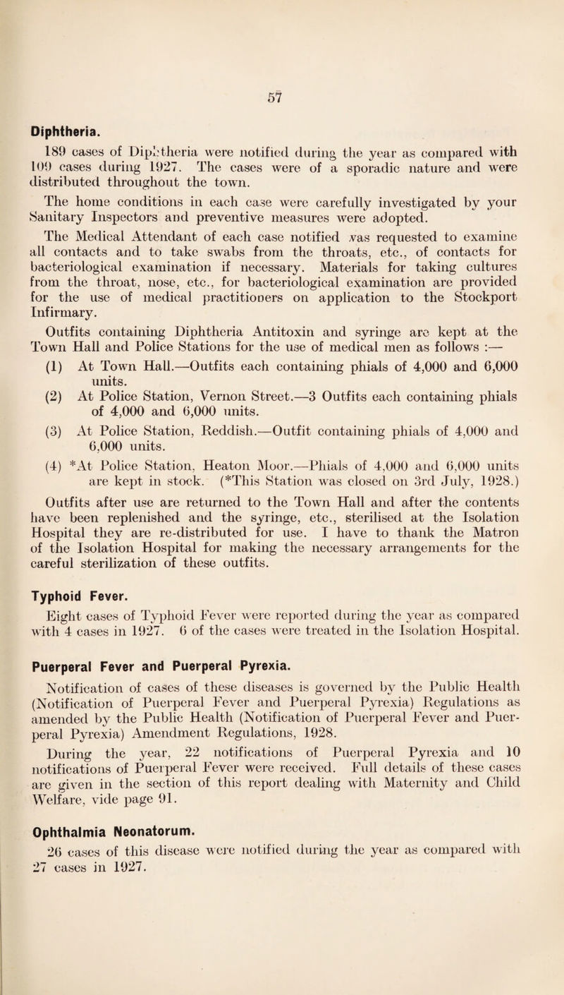 Diphtheria. 189 cases of Diphtheria were notified during the year as compared with 109 cases during 1927. The cases were of a sporadic nature and were distributed throughout the town. The home conditions in each case were carefully investigated by your Sanitary Inspectors and preventive measures were adopted. The Medical Attendant of each case notified vas requested to examine all contacts and to take swabs from the throats, etc., of contacts for bacteriological examination if necessary. Materials for taking cultures from the throat, nose, etc., for bacteriological examination are provided for the use of medical practitioners on application to the Stockport Infirmary. Outfits containing Diphtheria Antitoxin and syringe are kept at the Town Hall and Police Stations for the use of medical men as follows :— (1) At Town Hall.—Outfits each containing phials of 4,000 and 6,000 units. (2) At Police Station, Vernon Street.—3 Outfits each containing phials of 4,000 and 6,000 units. (3) At Police Station, Reddish.—Outfit containing phials of 4,000 and 6,000 units. (4) *At Police Station, Heaton Moor.—Phials of 4,000 and 6,000 units are kept in stock. (*This Station was closed on 3rd July, 1928.) Outfits after use are returned to the Town Hall and after the contents have been replenished and the syringe, etc., sterilised at the Isolation Hospital they are re-distributed for use. I have to thank the Matron of the Isolation Hospital for making the necessary arrangements for the careful sterilization of these outfits. Typhoid Fever. Eight cases of Typhoid Fever were reported during the year as compared with 4 cases in 1927. 6 of the cases were treated in the Isolation Hospital. Puerperal Fever and Puerperal Pyrexia. Notification of cases of these diseases is governed by the Public Health (Notification of Puerperal Fever and Puerperal Pyrexia) Regulations as amended by the Public Health (Notification of Puerperal Fever and Puer¬ peral Pyrexia) Amendment Regulations, 1928. During the year, 22 notifications of Puerperal Pyrexia and 10 notifications of Puerperal Fever were received. Full details of these cases are given in the section of this report dealing with Maternity and Child Welfare, vide page 91. Ophthalmia Neonatorum. 26 cases of this disease were notified during the year as compared with 27 cases in 1927.