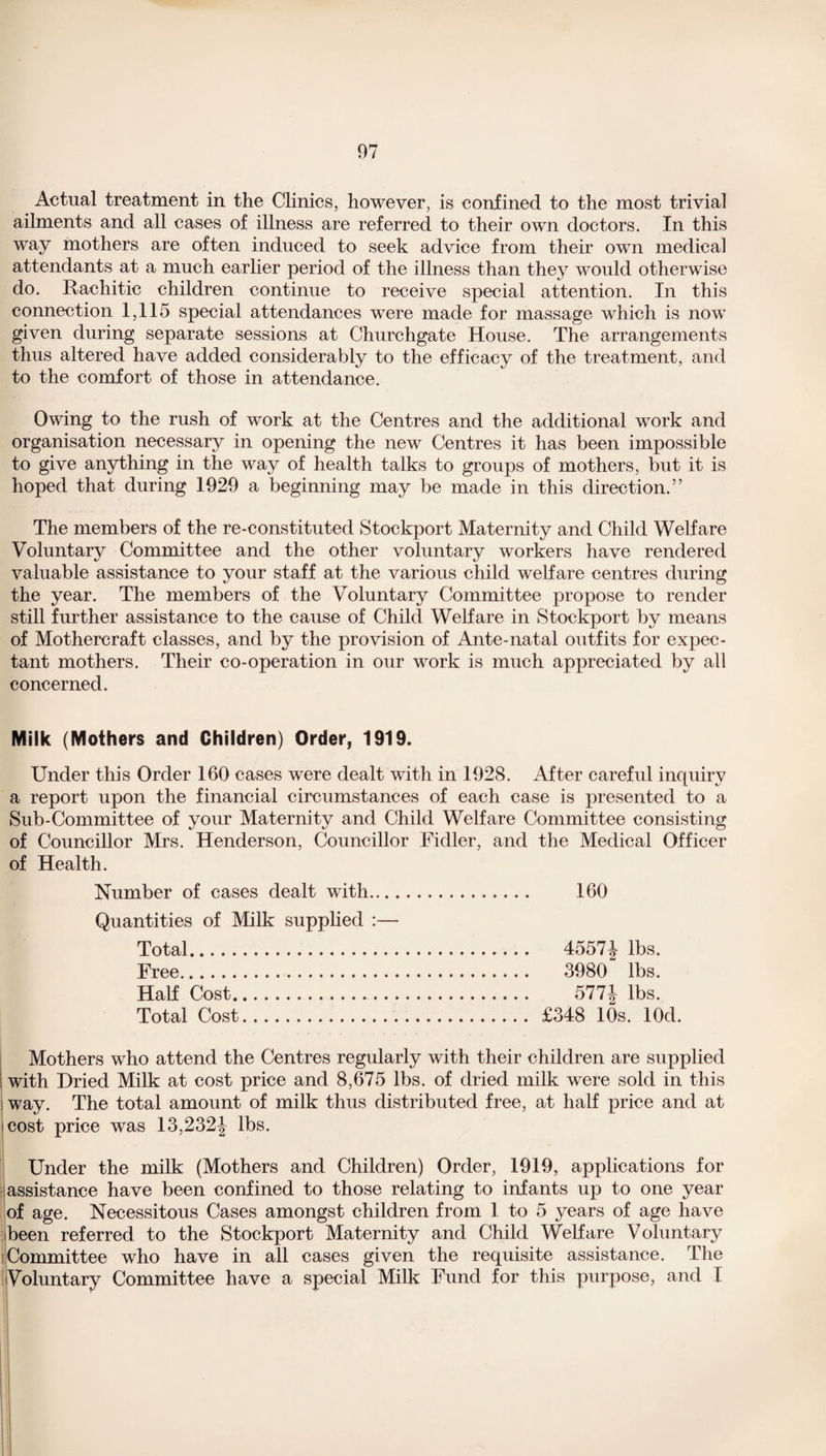 Actual treatment in the Clinics, however, is confined to the most trivial ailments and all cases of illness are referred to their own doctors. In this way mothers are often induced to seek advice from their own medical attendants at a much earlier period of the illness than they would otherwise do. Rachitic children continue to receive special attention. In this connection 1,115 special attendances were made for massage which is now given during separate sessions at Churchgate House. The arrangements thus altered have added considerably to the efficacy of the treatment, and to the comfort of those in attendance. Owing to the rush of work at the Centres and the additional work and organisation necessary in opening the new Centres it has been impossible to give anything in the way of health talks to groups of mothers, but it is hoped that during 1929 a beginning may be made in this direction.” The members of the re-constituted Stockport Maternity and Child Welfare Voluntary Committee and the other voluntary workers have rendered valuable assistance to your staff at the various child welfare centres during the year. The members of the Voluntary Committee propose to render still further assistance to the cause of Child Welfare in Stockport by means of Mothercraft classes, and by the provision of Ante-natal outfits for expec¬ tant mothers. Their co-operation in our work is much appreciated by all concerned. Milk (Mothers and Children) Order, 1919. Under this Order 160 cases were dealt with in 1928. After careful inquiry a report upon the financial circumstances of each case is presented to a Sub-Committee of your Maternity and Child Welfare Committee consisting of Councillor Mrs. Henderson, Councillor Fidler, and the Medical Officer of Health. Number of cases dealt with. 160 Quantities of Milk supplied :— Total. 4557J lbs. Free. 3980 lbs. Half Cost. 577} lbs. Total Cost. £348 10s. lOd. Mothers who attend the Centres regularly with their children are supplied with Dried Milk at cost price and 8,675 lbs. of dried milk were sold in this way. The total amount of milk thus distributed free, at half price and at cost price was 13,232} lbs. Under the milk (Mothers and Children) Order, 1919, applications for assistance have been confined to those relating to infants up to one year of age. Necessitous Cases amongst children from 1 to 5 years of age have been referred to the Stockport Maternity and Child Welfare Voluntary Committee who have in all cases given the requisite assistance. The Voluntary Committee have a special Milk Fund for this purpose, and I