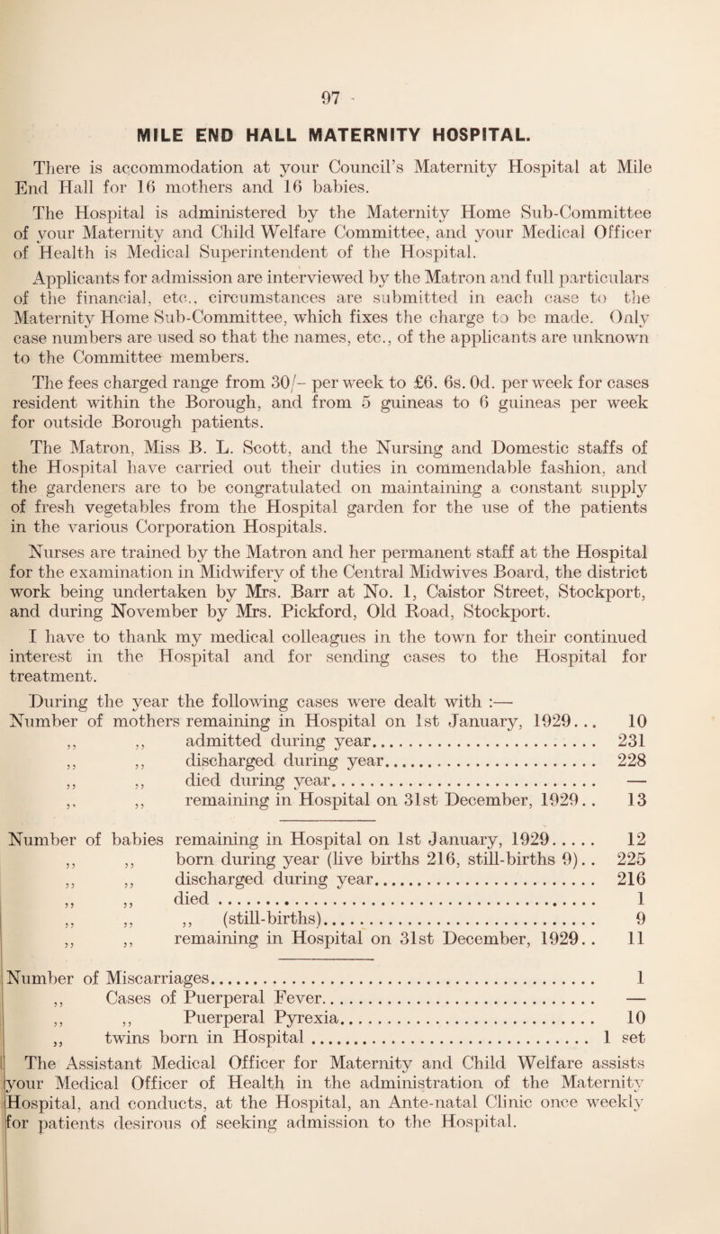 MILE END HALL MATERNITY HOSPITAL. There is accommodation at your Council’s Maternity Hospital at Mile End Hall for 16 mothers and 16 babies. The Hospital is administered by the Maternity Home Sub-Committee of your Maternity and Child Welfare Committee, and your Medical Officer of Health is Medical Superintendent of the Hospital. Applicants for admission are interviewed by the Matron and full particulars of the financial, etc., circumstances are submitted in each case to the Maternity Home Sub-Committee, which fixes the charge to be made. Only case numbers are used so that the names, etc., of the applicants are unknown to the Committee members. The fees charged range from 30/- per week to £6. 6s. Od. per week for cases resident within the Borough, and from 5 guineas to 6 guineas per week for outside Borough patients. The Matron, Miss B. L. Scott, and the Nursing and Domestic staffs of the Hospital have carried out their duties in commendable fashion, and the gardeners are to be congratulated on maintaining a constant supply of fresh vegetables from the Hospital garden for the use of the patients in the various Corporation Hospitals. Nurses are trained by the Matron and her permanent staff at the Hospital for the examination in Midwiferv of the Central Midwives Board, the district work being undertaken by Mrs. Barr at No. 1, Caistor Street, Stockport, and during November by Mrs. Pickford, Old Road, Stockport. I have to thank my medical colleagues in the town for their continued interest in the Hospital and for sending cases to the Hospital for treatment. During the year the following cases were dealt with :— Number of mothers remaining in Hospital on 1st January, 1929... 10 ,, ,, admitted during year. 231 ,, ,, discharged during year. 228 ,, ,, died during year. — ,, ,, remaining in Hospital on 31st December, 1929. . 13 Number of babies remaining in Hospital on 1st January, 1929. 12 ,, ,, born during year (live births 216, still-births 9). . 225 ,, ,, discharged during year. 216 ,, ,, died. 1 ,, ,, ,, (still-births). 9 ,, ,, remaining in Hospital on 31st December, 1929. . 11 Number of Miscarriages. 1 ,, Cases of Puerperal Fever. — ,, ,, Puerperal Pyrexia. 10 ,, twins born in Hospital... 1 set The Assistant Medical Officer for Maternity and Child Welfare assists your Medical Officer of Health in the administration of the Maternity Hospital, and conducts, at the Hospital, an Ante-natal Clinic once weekly for patients desirous of seeking admission to the Hospital.