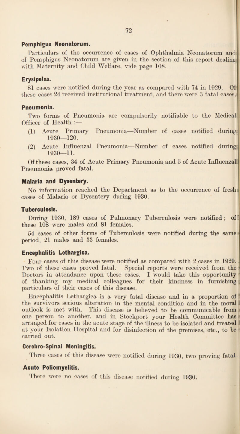 Pemphigus Neonatorum. Particulars of the occurrence of cases of Ophthalmia Neonatorum and of Pemphigus Neonatorum are given in the section of this report dealing with Maternity and Child Welfare, vide page 108. Erysipelas. 81 cases were notified during the year as compared with 74 in 1920. Of these cases 24 received institutional treatment, and there were 3 fatal cases. Pneumonia. Two forms of Pneumonia are compulsorily notifiable to the Medical Officer of Health :— (11 Acute Primary Pneumonia—Number of cases 1930—120. (2) Acute Influenzal Pneumonia—Number of cases 1930—11. Of these cases, 34 of Acute Primary Pneumonia and 5 of Acute Influenzal Pneumonia proved fatal. Malaria and Dysentery. No information reached the Department as to the occurrence of fresh cases of Malaria or Dysentery during 1930. Tuberculosis. During 1930, 189 cases of Pulmonary Tuberculosis were notified ; of these 108 were males and 81 females. 54 cases of other forms of Tuberculosis were notified during the same period, 21 males and 33 females. Encephalitis Lethargica. Four cases of this disease were notified as compared with 2 cases in 1929. Two of these cases proved fatal. Special reports were received from the Doctors in attendance upon these cases. I would take this opportunity of thanking my medical colleagues for their kindness in furnishing particulars of their cases of this disease. Encephalitis Lethargica is a very fatal disease and in a proportion of the survivors serious alteration in the mental condition and in the moral outlook is met with. This disease is believed to be communicable from one person to another, and in Stockport your Health Committee has arranged for cases in the acute stage of the illness to be isolated and treated at your Isolation Hospital and for disinfection of the premises, etc., to be carried out. Cerebro-Spinal Meningitis. Three cases of this disease were notified during 1930, two proving fatal. Acute Poliomyelitis. There were no cases of this disease notified during 1930. notified during notified during