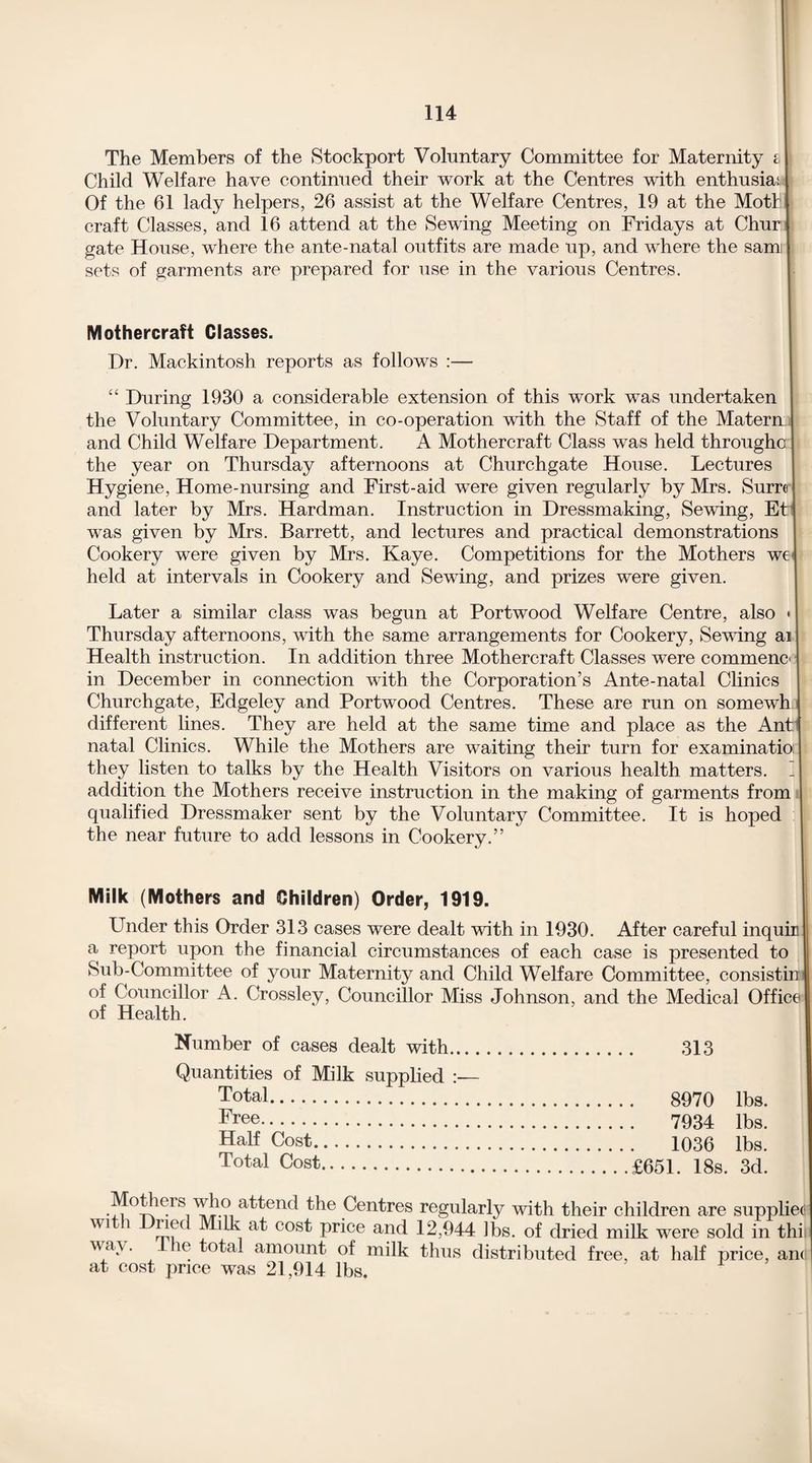 The Members of the Stockport Voluntary Committee for Maternity £ Child Welfare have continued their work at the Centres with enthusia; Of the 61 lady helpers, 26 assist at the Welfare Centres, 19 at the Mott craft Classes, and 16 attend at the Sewing Meeting on Fridays at Chur gate House, where the ante-natal outfits are made up, and where the sami sets of garments are prepared for use in the various Centres. Mothercraft Glasses. Dr. Mackintosh reports as follows :— “ During 1930 a considerable extension of this work was undertaken the Voluntary Committee, in co-operation with the Staff of the Matern and Child Welfare Department. A Mothercraft Class was held througho the year on Thursday afternoons at Churchgate House. Lectures Hygiene, Home-nursing and First-aid were given regularly by Mrs. Sum and later by Mrs. Hardman. Instruction in Dressmaking, Sewing, Eti was given by Mrs. Barrett, and lectures and practical demonstrations Cookery were given by Mrs. Kaye. Competitions for the Mothers we held at intervals in Cookery and Sewing, and prizes were given. Later a similar class was begun at Portwood Welfare Centre, also <| Thursday afternoons, with the same arrangements for Cookery, Sewing ai | Health instruction. In addition three Mothercraft Classes were commene in December in connection with the Corporation’s Ante-natal Clinics Churchgate, Edgeley and Portwood Centres. These are run on somewh i different lines. They are held at the same time and place as the Ant natal Clinics. While the Mothers are waiting their turn for examinatio: they listen to talks by the Health Visitors on various health matters. I addition the Mothers receive instruction in the making of garments from qualified Dressmaker sent by the Voluntary Committee. It is hoped the near future to add lessons in Cookery.” Milk (Mothers and Children) Order, 1919. Under this Order 313 cases were dealt with in 1930. After careful inquir a report upon the financial circumstances of each case is presented to Sub-Committee of your Maternity and Child Welfare Committee, consistin' of Councillor A. Crossley, Councillor Miss Johnson, and the Medical Office of Health. Number of cases dealt with. 313 Quantities of Milk supplied Total. 8970 lbs. Free. 7934 lbs. Half Cost. 1036 lbs. Total Cost.£651. 18s. 3d. 0 ieis who attend the Centres regularly with their children are supplier W1 i riec Milk at cost price and 12,944 lbs. of dried milk were sold in thi way. le total amount of milk thus distributed free, at half price, and at cost price was 21,914 lbs.