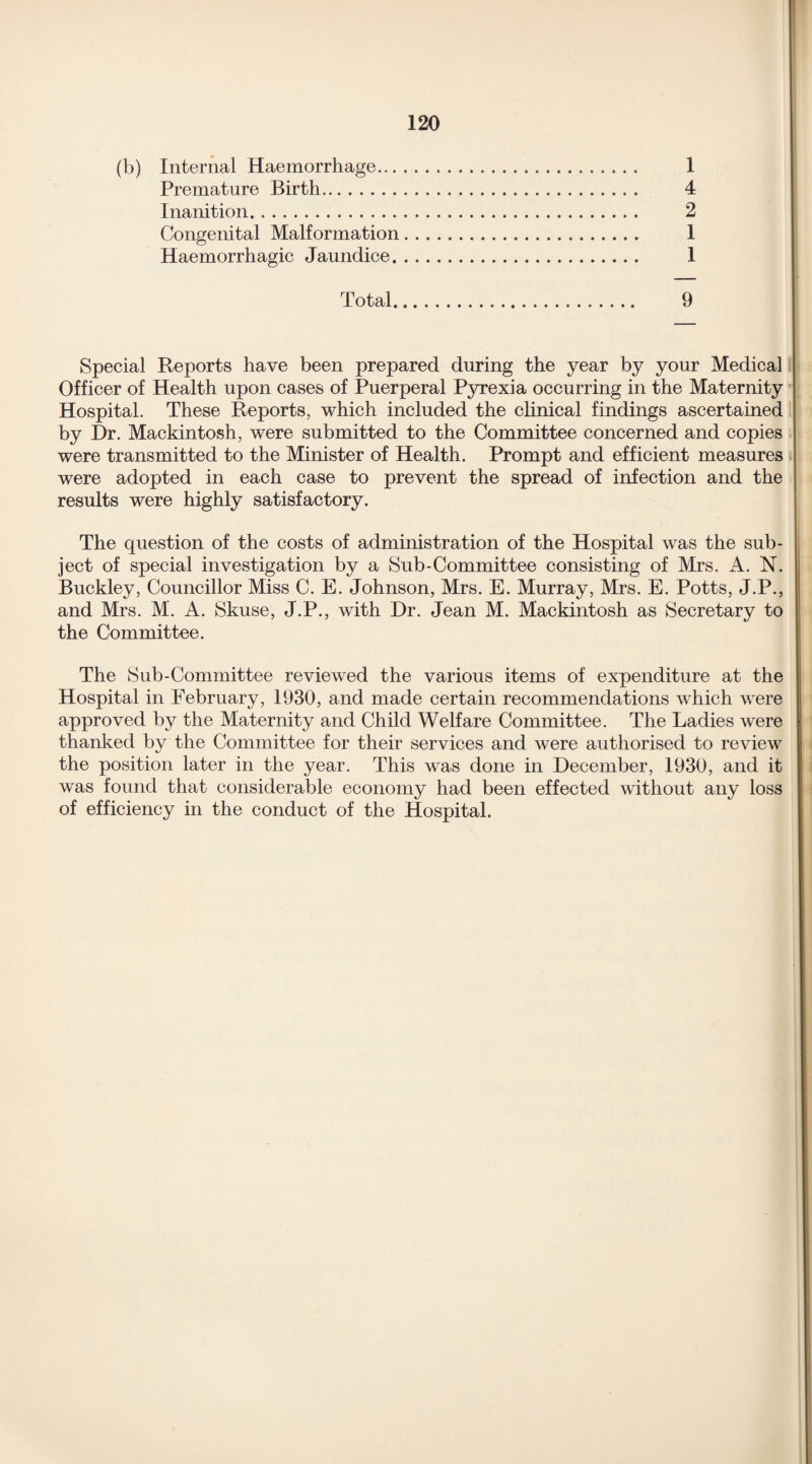 (b) Internal Haemorrhage. 1 Premature Birth. 4 Inanition. 2 Congenital Malformation. 1 Haemorrhagic Jaundice. 1 Total. 9 Special Reports have been prepared during the year by your Medical Officer of Health upon cases of Puerperal Pyrexia occurring in the Maternity Hospital. These Reports, which included the clinical findings ascertained by Dr. Mackintosh, were submitted to the Committee concerned and copies were transmitted to the Minister of Health. Prompt and efficient measures were adopted in each case to prevent the spread of infection and the results were highly satisfactory. The question of the costs of administration of the Hospital was the sub¬ ject of special investigation by a Sub-Committee consisting of Mrs. A. N. Buckley, Councillor Miss C. E. Johnson, Mrs. E. Murray, Mrs. E. Potts, J.P., and Mrs. M. A. Skuse, J.P., with Dr. Jean M. Mackintosh as Secretary to the Committee. The Sub-Committee reviewed the various items of expenditure at the Hospital in February, 1930, and made certain recommendations which were approved by the Maternity and Child Welfare Committee. The Ladies were thanked by the Committee for their services and were authorised to review the position later in the year. This was done in December, 1930, and it was found that considerable economy had been effected without any loss of efficiency in the conduct of the Hospital.