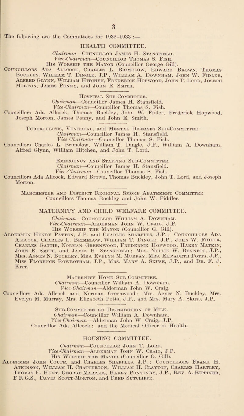 The following are the Committees for 1932-1933 :— HEALTH COMMITTEE. Chairman—Councillor James H. Stansfield. Vice-Chairman—Councillor Thomas S. Fish. His Worship the Mayor (Councillor George Gill). Councillors Ada Allcock, Charles L. Brimelow, Edward Brown, Thomas Buckley, William T. Dingle, J.P., William A. Downham, John W. Fidler, Alfred Glynn, Willtam Hitchen, Frederick Hopwood, John T. Lord, Joseph Mortont, James Penny, and John E. Smith. Hospital Sub-Committee. Chairman—-Councillor James H. Stansfield. Vice-Chairman—Councillor Thomas S. Fish. Councillors Ada Allcock, Thomas Buckley, John W. Fidler, Frederick Hopwood, Joseph Morton, James Penny, and John E. Smith. Tuberculosis, Venereal, and Mental Diseases Sub-Committee. Chairman—Councillor James H. Stansfield. Vice-Chairman—Councillor Thomas S. Fish. Councillors Charles L. Brimelow, William T. Dingle, J.P., William A. Downham, Alfred Glynn, William Hitchen, and John T. Lord. Emergency and Staffing Sub-Committee. Chairman—Councillor James H. Stansfield. Vice-Chairman—Councillor Thomas S. Fish. Councillors Ada Allcock, Edward Brown, Thomas Buckley, John T. Lord, and Joseph Morton. Manchester and District Regional Smoke Abatement Committee. Councillors Thomas Buckley and John W. Fiddler. MATERNITY AND CHILD WELFARE COMMITTEE. Chairman—Councillor William A. Downham. Vice-Chairman—Alderman John W. Craig, J.P. His Worship the Mayor (Councillor G. Gill). Aldermen Henry Patten, J.P. and Charles Sharples, J.P. ; Councillors Ada Allcock, Charles L. Brimelow, William T. Dingle, J.P., John W. Fidler, Charles Gattie, Norman Greenwood, Frederick Hopwood, Harry Matkin, John E. Smith, and James H. Stansfield ; Mrs. Nellie W. Bennett, J.P., Mrs. Agnes N. Buckley, Mrs. Evelyn M. Murray, Mrs. Elizabeth Potts, J.P., Miss Florence Rowbotham, J.P., Mrs. Mary A. Skuse, J.P., and Dr. F. J. Kitt. Maternity Home Sub-Committee. Chairman—Councillor William A. Downham. Vice-Chairman—Alderman John W. Craig. Councillors Ada Allcock and Norman Greenwood ; Mrs. Agnes N. Buckley, Mrs. Evelyn M. Murray, Mrs. Elizabeth Potts, J.P., and Mrs. Mary A. Skuse, J.P. Sub-Committee re Distribution of Milk. Chairman—'Councillor William A. Downham. Vice-Chairman—Alderman John W Craig, J.P. Councillor Ada Allcock ; and the Medical Officer of Health. HOUSING COMMITTEE. Chairman—Councillor John T. Lord. Vice-Chairman—Alderman John W. Craig, J.P. His Worship the Mayor (Councillor G. Gill). Aldermen John Coupe, and Charles Sharples, J.P. ; Councillors Frank H. Atkinson, William H. Chatterton, Willtam H. Clayton, Charles Hartley, Thomas E. Hunt, George Marples, Harry Ponsonby, J.P., Rev. A. Rippiner, F.R.G.S., David Scott-Morton, and Fred Sutcliffe,