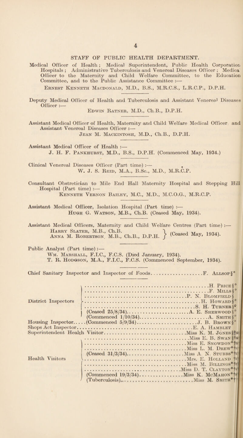 STAFF OF PUBLIC HEALTH DEPARTMENT. Medical Officer of Health ; Medical Superintendent, Public Health Corporation Hospitals ; Administrative Tuberculosis and Venereal Diseases Officer ; Medica Officer to the Maternity and Child Welfare Committee, to the Education Committee, and to the Public Assistance Committee :— Ernest Kenneth Macdonald, M.D., B.S., M.R.C.S., L.R.C.P., D.P.H. Deputy Medical Officer of Health and Tuberculosis and Assistant Venereal Diseases Officer :— Edwin Ratner, M.D., Ch.B., D.P.H. Assistant Medical Officer of Health, Maternity and Child Welfare Medical Officer, and Assistant Venereal Diseases Officer :— Jean M. Mackintosh, M.D., Ch.B., D.P.H. Assistant Medical Officer of Health :— J. H. F. Pankhurst, M.D., B.S., D.P.H. (Commenced May, 1934.) Clinical Venereal Diseases Officer (Part time) :— . W. J. S. Reid, M.A., B.Sc., M.D., M.R.C.P. Consultant Obstretician to Mile End Hall Maternity Hospital and Stepping Hill Hospital (Part time) :— Kenneth Vernon Bailey, M.C., M.D., M.C.O.G., M.R.C.P. Assistant Medical Officer, Isolation Hospital (Part time) :— Hugh G. Watson, M.B., Ch.B. (Ceased May, 1934). Assistant Medical Officers, Maternity and Child Welfare Centres (Part time) Harry Slater, M.B., Ch.B. 1 Anna M. Robertson. M.B., Ch.B., D.P.H. / (Ceased May> 1934)* Public Analyst (Part time) : — Wm. Marshall, F.I.C., F.C.S. (Died January, 1934). T. R. Hodgson, M.A., F.I.C., F.C.S. (Commenced September, 1934). Chief Sanitary Inspector and Inspector of Foods.F. Allsop§' District Inspectors y .H Price §° .F. Mills §° .P. N. Blomeield§ .IT. Howard §° .S. H. Turner §° (Ceased 25/8/34).A. E. Sherwood § (Commenced 1/10/34).A. Smith § Housing Inspector.(Commenced 5/9/34).J. B. Brown§° Shops Act Inspector.E. A. Hamblet Superintendent Health Visitor.Miss K. M. Jones §fa ,.Miss E. B. Swan§+a ..Miss E. SNOWDON*fc ..Miss L. M. Drew*U (Ceased 31/3/34).Miss A. N. Stubbs*^ ..Mrs. E. Holland fq .Miss M. Billings*-jr ..Miss D. T. Clayton*|(' (Commenced 19/3/34).Miss K. McMahon*!'*! (Tuberculosis),,...Miss M. Smith*!'* Health Visitors