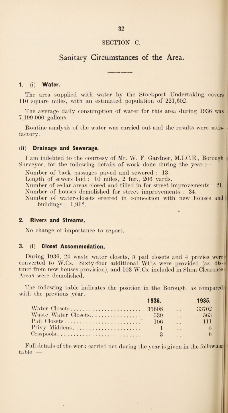 SECTION C. Sanitary Circumstances of the Area* 1. (i) Water. The area supplied with water by the Stockport Undertaking covers 110 square miles, with an estimated population of 221,602. The average daily consumption of water for this area during 1936 was 7,199,000 gallons. Routine analysis of the w^ater was carried out and the results were satis¬ factory. (ii) Drainage and Sewerage. * i I am indebted to the courtesy of Mr. W. F. Gardner, M.I.C.E., Borough Surveyor, for the following details of work done during the year :— Number of back passages paved and sewered : 13. Length of sewers laid : 10 miles, 2 fur., 206 yards. Number of cellar areas closed and filled in for street improvements : 21. Number of houses demolished for street improvements : 34. Number of water-closets erected in connection with new houses and buildings : 1,912. * 2. Rivers and Streams. No change of importance to report. 3. (i) Closet Accommodation. During 1936, 24 waste water closets, 5 pail closets and 4 privies were converted to W.Cs. Sixty-four additional WC.s were provided (as dis¬ tinct from new houses provision), and 103 W.Cs. included in Slum Clearance Areas were demolished. The following table indicates the position in the Borough, with the previous year. 1936. Water Closets. 35608 Waste Water Closets. 539 Pail Closets. 106 Privy Middens. 1 Cesspools. 3 as compared 1935. 33702 563 111 5 6 Full details of the work carried out during the year is given in the following! table ;—