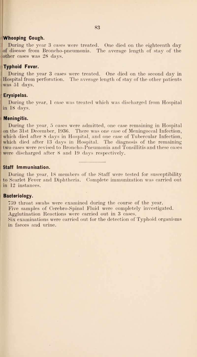 Whooping Gough. ll During the year 3 cases were treated. One died on the eighteenth day of disease from Broncho-pneumonia. The average length of stay of the other cases was 28 days. Typhoid Fever. During the year 3 cases were treated. One died on the second day in (iHospital from perforation. The average length of stay of the other patients was 51 days. Erysipelas. During the year, 1 case was treated which was discharged from Hospital in 18 days. Meningitis. During the year, 5 cases were admitted, one case remaining in Hospital I on the 31st December, 1936. There was one case of Meningoccal Infection, I which died after 8 days in Hospital, and one case of Tubercular Infection, I which died after 13 days in Hospital. The diagnosis of the remaining j two cases were revised to Broncho-Pneumonia and Tonsillitis and these cases :l were discharged after 8 and 19 days respectively. Staff Immunisation. During the year, 18 members of the Staff were tested for susceptibility to Scarlet Fever and Diphtheria. Complete immunization was carried out in 12 instances. Bacteriology. 759 throat swabs were examined during the course of the year. Five samples of Cerebro-Spinal Fluid were completely investigated. Agglutination Reactions were carried out in 3 cases. Six examinations were carried out for the detection of Typhoid organisms in faeces and urine.