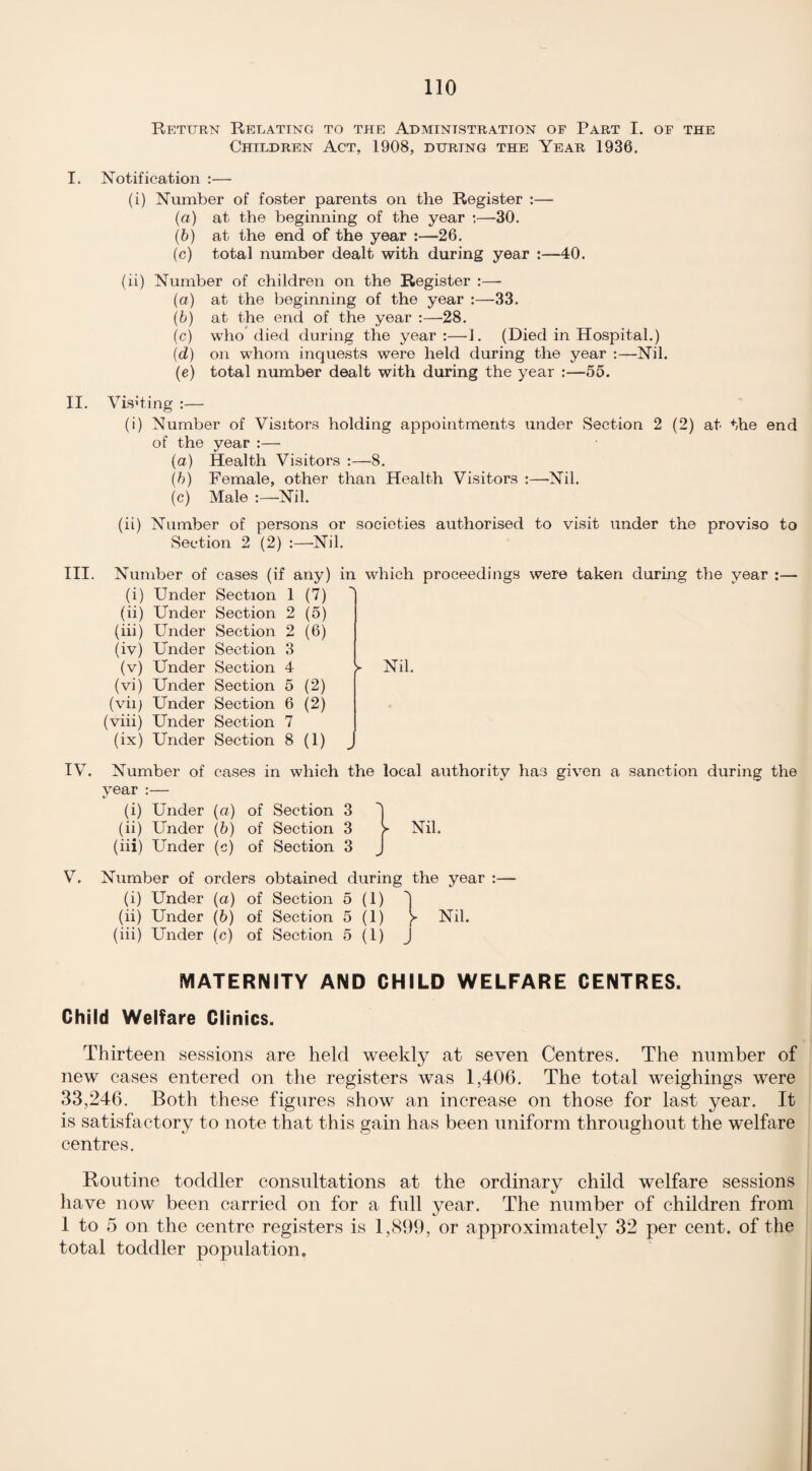 Return Relating to the Administration of Part I. of the Children Act, 1908, during the Year 1936. I. Notification :— (i) Number of foster parents on the Register :— (a) at the beginning of the year :—30. (b) at the end of the year :—26. (c) total number dealt with during year 40. (ii) Number of children on the Register :—• (a) at the beginning of the year :—33. (b) at the end of the year :—28. (c) who died during the year :—1. (Died in Hospital.) (d) on whom inquests were held during the year :—Nil. (e) total number dealt with during the year :—5o. II. Visiting :— (i) Number of Visitors holding appointments under Section 2 (2) at the end of the year :— (a) Health Visitors :—8. (b) Female, other than Health Visitors :—-Nil. (c) Male :—Nil. (ii) Number of persons or societies authorised to visit under the proviso to Section 2 (2) :—Nil. III. Number of (i) Under (ii) Under (iii) Under (iv) Under (v) Under (vi) Under (viij Under (viii) Under (ix) Under cases (if any) in which proceedings were taken during the year :— Section 1 (7) Section 2 (5) Section 2 (6) Section 3 Section 4 Section 5 (2) Section 6 (2) Section 7 Section 8 (1) > Nil. IV. Number of year :— (i) Under (ii) Under (iii) Under cases in which the local authority has given a sanction during the (a) of Section 3 I (b) of Section 3 > Nil. (c) of Section 3 J V. Number of orders obtained during the year - (i) Under (a) of Section 5 (1) 'I (ii) Under (b) of Section 5 (1) y Nil. (iii) Under (c) of Section 5 (1) J MATERNITY AND CHILD WELFARE CENTRES. Child Welfare Clinics. Thirteen sessions are held weekly at seven Centres. The number of new cases entered on the registers was 1,406. The total weighings were 33,246. Both these figures show an increase on those for last year. It is satisfactory to note that this gain has been uniform throughout the welfare centres. Routine toddler consultations at the ordinary child welfare sessions have now been carried on for a full year. The number of children from 1 to 5 on the centre registers is 1,899, or approximately 32 per cent, of the total toddler population.
