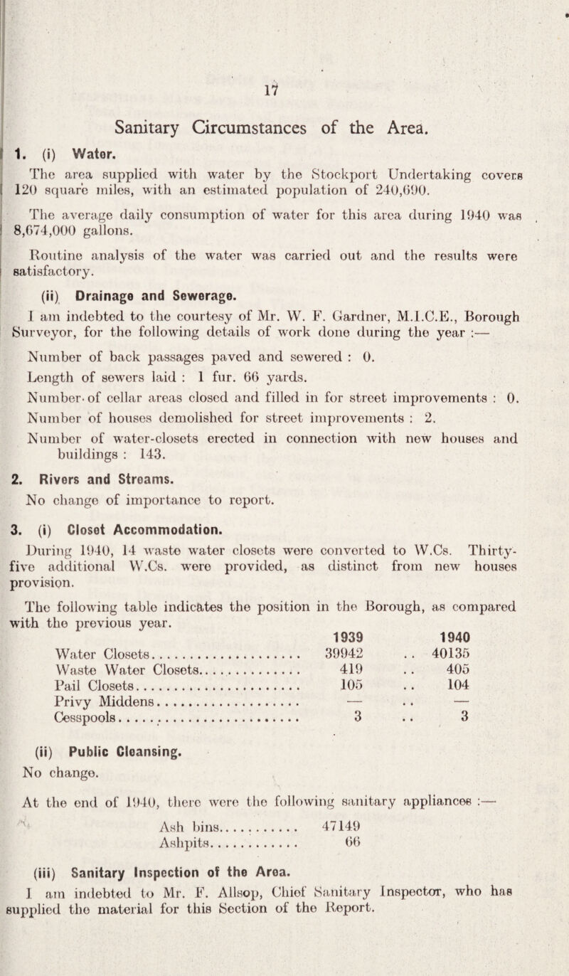 17 Sanitary Circumstances of the Area. 11. (i) Water. The area supplied with water by the Stockport Undertaking covers 120 square miles, with an estimated population of 240,690. The average daily consumption of water for this area during 1940 was 8,674,000 gallons. Routine analysis of the water was carried out and the results were ; satisfactory. (ii) Drainage and Sewerage. I am indebted to the courtesy of Mr. W. F. Gardner, M.I.C.E., Borough Surveyor, for the following details of work done during the year :— Number of back passages paved and sewered : 0. Length of sewers laid : 1 fur. 66 yards. Number-of cellar areas closed and filled in for street improvements : 0. Number of houses demolished for street improvements : 2. Number of water-closets erected in connection with new houses and buildings : 143. 2. Rivers and Stroams. No change of importance to report. 3. (i) Closet Accommodation. During 1940, 14 waste water closets were converted to W.Cs. Thirty- five additional W.Cs. were provided, as distinct from new houses provision. The following table indicates the position in the Borough, as compared with the previous year. 1939 1940 Water Closets. . 39942 .. 40135 Waste Water Closets. . 419 . . 405 Pail Closets. . 105 104 Privy Middens. . — • « Cesspools... . 3 3 (ii) Public Cleansing. No change. At the end of 1940, there were the following sanitary appliances :— Ash bins...... 47149 Ashpits. 66 (iii) Sanitary Inspection of the Area. 1 am indebted to Mr. F. Allsop, Chief Sanitary Inspector, who has supplied the material for this Section of the Report.