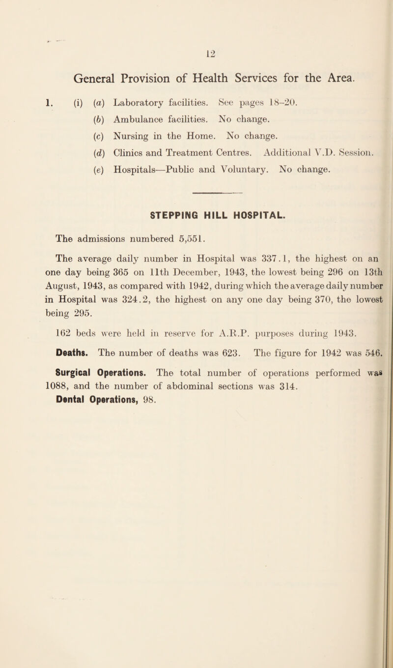 General Provision of Health Services for the Area. 1. (i) {a) Laboratory facilities. See pages 18-20. (6) Ambulance facilities. No change. (c) Nursing in the Home. No change. {d) Chnics and Treatment Centres. Additional V.D. Session, (e) Hospitals—Public and Voluntary. No change. STEPPING HILL HOSPITAL. The admissions numbered 5,551. The average daily number in Hospital was 337.1, the highest on an one day being 365 on 11th December, 1943, the lowest being 296 on 13th August, 1943, as compared with 1942, during which the average daily number in Hospital was 324.2, the highest on any one day being 370, the lowest being 295. 162 beds were held in reserve for A.R.P. purposes during 1943. Deaths. The number of deaths was 623. The figure for 1942 was 546. Surgical Operations. The total number of operations performed was 1088, and the number of abdominal sections was 314. Dental Operations, 98.