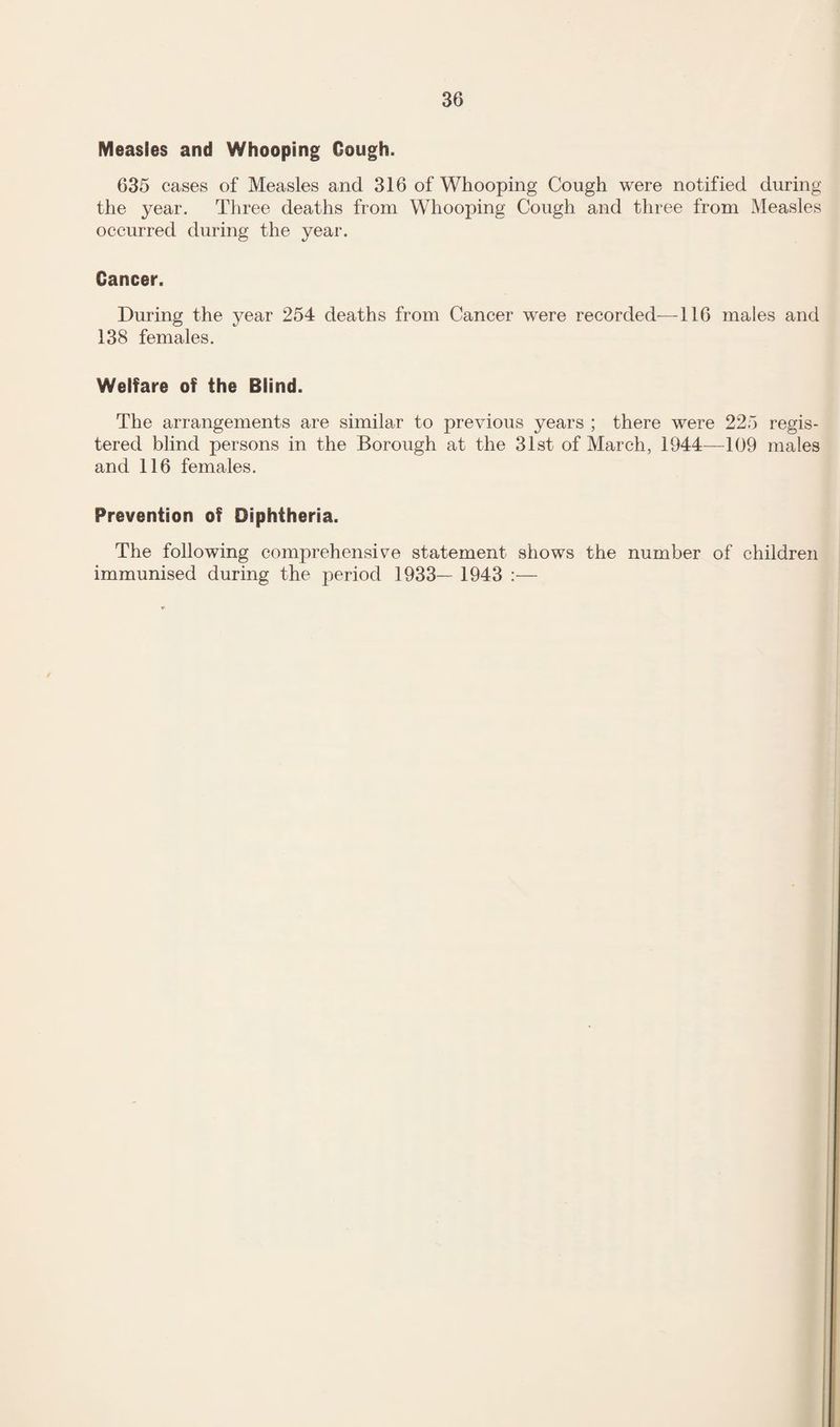 Measles and Whooping Gough. 635 cases of Measles and 316 of Whooping Cough were notified during the year. Three deaths from Whooping Cough and three from Measles occurred during the year. Cancer. During the year 254 deaths from Cancer were recorded—116 males and 138 females. Welfare of the Blind. The arrangements are similar to previous years ; there were 225 regis¬ tered blind persons in the Borough at the 31st of March, 1944—109 males and 116 females. Prevention of Diphtheria. The following comprehensible statement shows the number of children immunised during the period 1933— 1943 :—