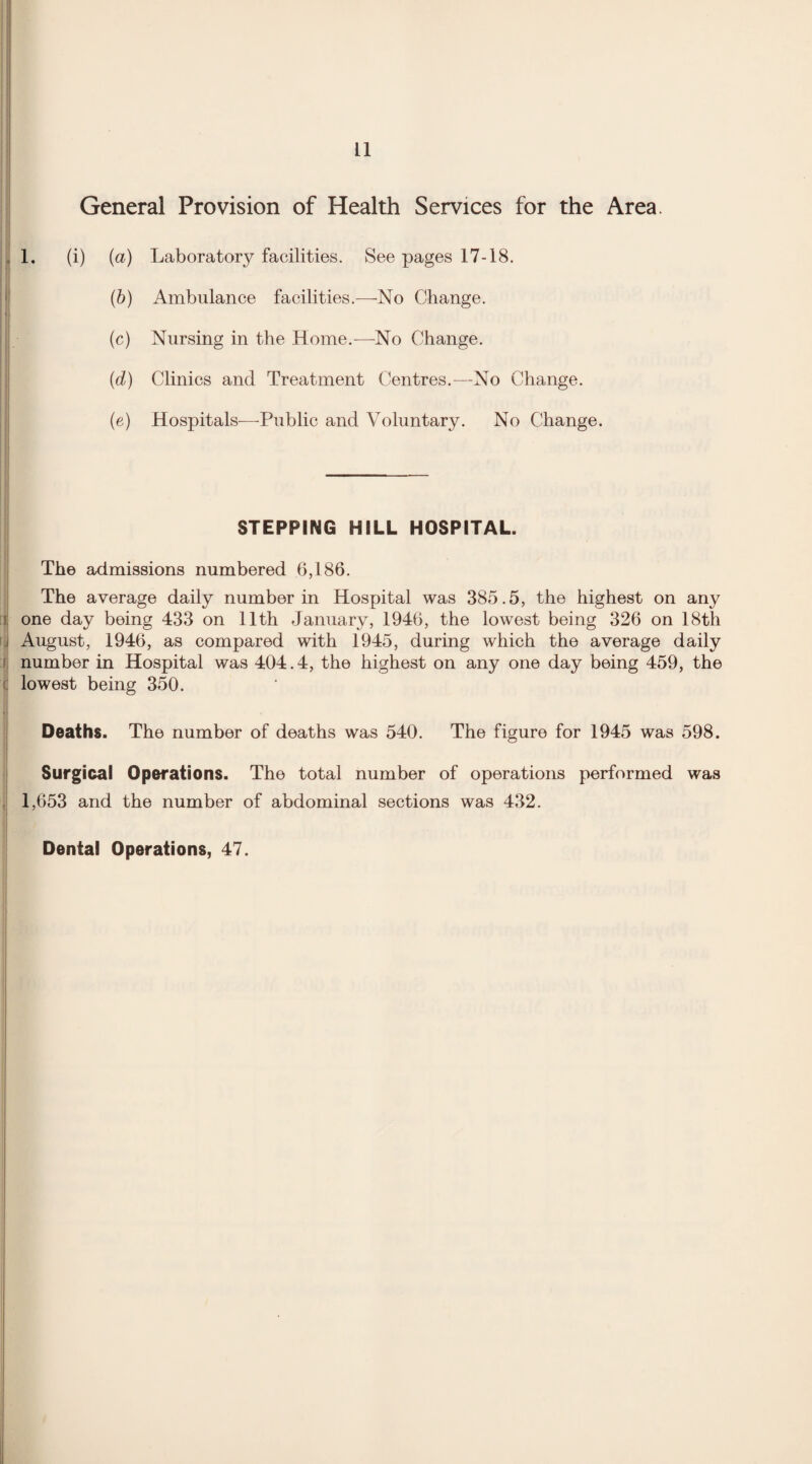 General Provision of Health Services for the Area. (i) (a) Laboratory facilities. See pages 17-18. (b) Ambulance facilities.—-No Change. (c) Nursing in the Home.'—No Change. (d) Clinics and Treatment Centres.—No Change. (e) Hospitals—Public and Voluntary. No Change. STEPPING HILL HOSPITAL. The admissions numbered 6,186. The average daily number in Hospital was 385.5, the highest on any one day being 433 on 11th January, 1946, the lowest being 326 on 18th i August, 1946, as compared with 1945, during which the average daily number in Hospital was 404.4, the highest on any one day being 459, the lowest being 350. Deaths. The number of deaths was 540. The figure for 1945 was 598. Surgical Operations. The total number of operations performed was 1,653 and the number of abdominal sections was 432. Dental Operations, 47.