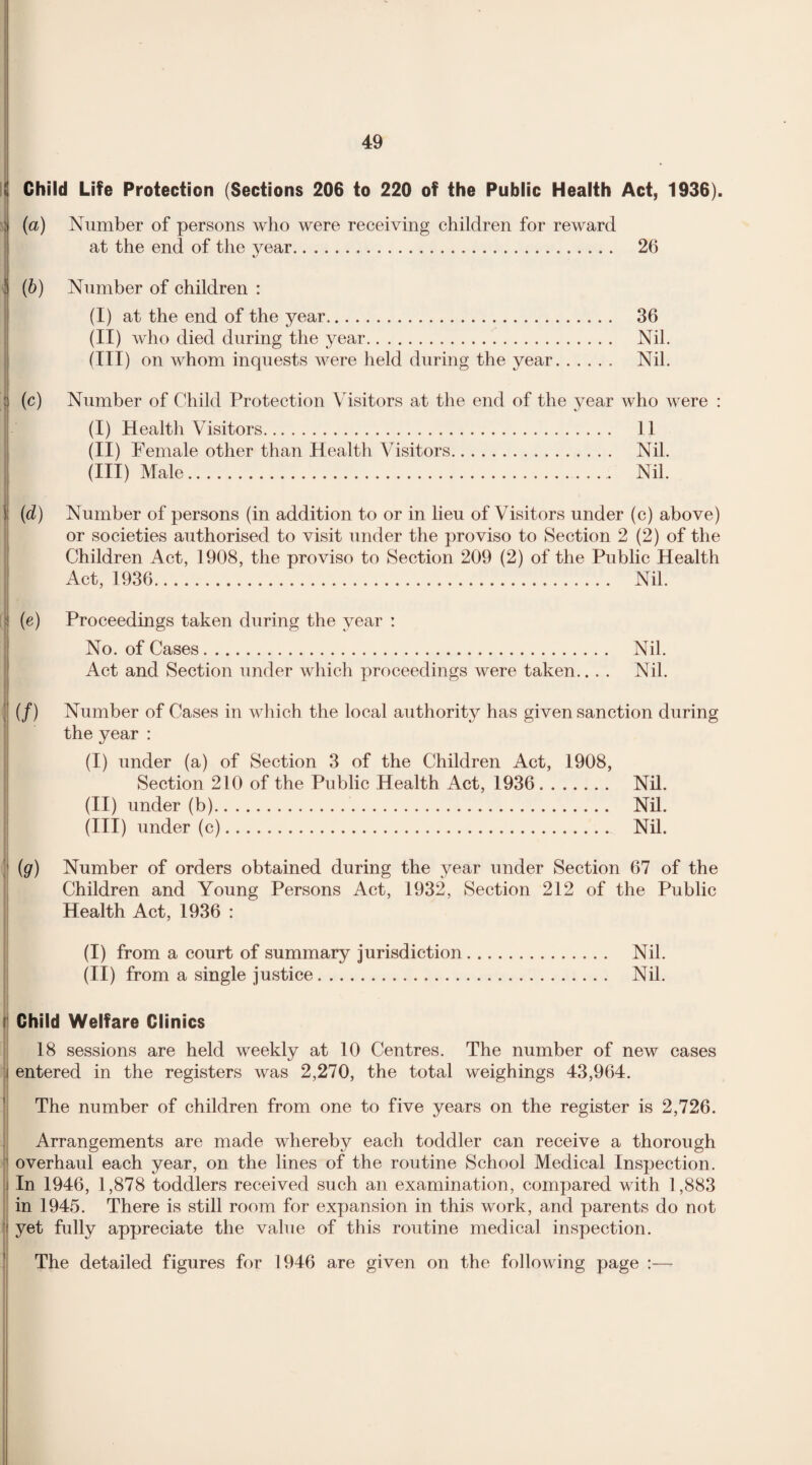 ! Child Life Protection (Sections 206 to 220 of the Public Health Act, 1936). ; (a) Number of persons who were receiving children for reward at the end of the year. 26 (b) Number of children : (I) at the end of the year. 36 (II) who died during the year. Nil. (III) on whom inquests were held during the year. Nil. (c) Number of Child Protection Visitors at the end of the year who were : (I) Health Visitors. 11 (II) Pemale other than Health Visitors. Nil. (III) Male. Nil. I (d) Number of persons (in addition to or in lieu of Visitors under (c) above) or societies authorised to visit under the proviso to Section 2 (2) of the Children Act, 1908, the proviso to Section 209 (2) of the Public Health Act, 1936. Nil. (e) Proceedings taken during the year : No. of Cases. Nil. Act and Section under which proceedings were taken.. . . Nil. (/) Number of Cases in which the local authority has given sanction during the year : (I) under (a) of Section 3 of the Children Act, 1908, Section 210 of the Public Health Act, 1936. Nil. (II) under (b).. Nil. (III) under (c). Nil. {g) Number of orders obtained during the year under Section 67 of the Children and Young Persons Act, 1932, Section 212 of the Public Health Act, 1936 : (I) from a court of summary jurisdiction. Nil. (II) from a single justice. Nil. Child Welfare Clinics 18 sessions are held weekly at 10 Centres. The number of new cases entered in the registers was 2,270, the total weighings 43,964. The number of children from one to five years on the register is 2,726. Arrangements are made whereby each toddler can receive a thorough overhaul each year, on the lines of the routine School Medical Inspection. In 1946, 1,878 toddlers received such an examination, compared with 1,883 in 1945. There is still room for expansion in this work, and parents do not yet fully appreciate the value of this routine medical inspection. The detailed figures for 1946 are given on the following page :