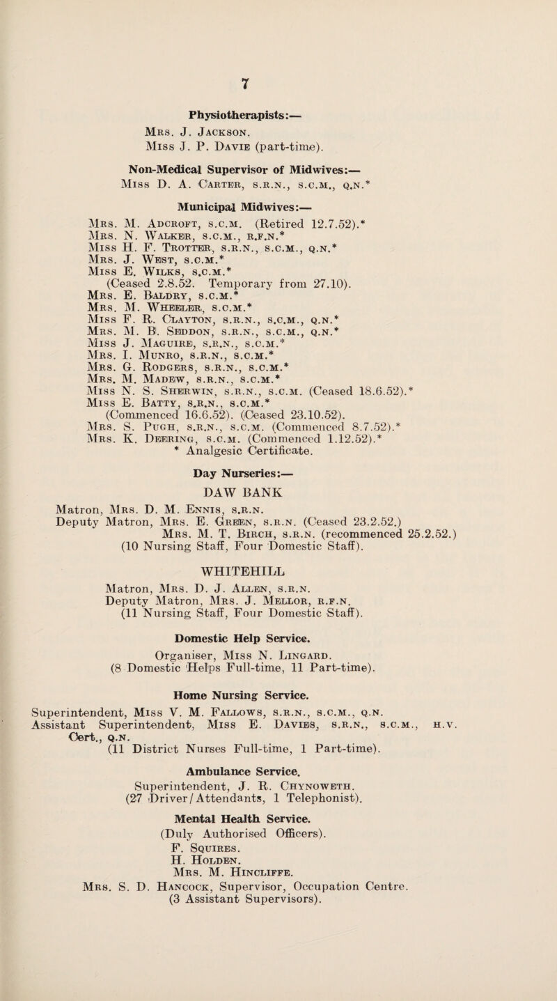 T Physiotherapists:— Mrs. J. Jackson. Miss J. P. Davie (part-time). Non-Medical Supervisor of Mid wives:— Miss D. A. Carter, s.r.n., s.c.m., q.n.* Municipal Midwives:— Mrs. M. Adcroft, s.c.m. (Retired 12.7.52).* Mrs. N. Walker, s.c.m., r.f.n.* Miss H. F. Trotter, s.r.n., s.c.m., q.n.* Mrs. J. West, s.c.m.* Miss E. Wilks, s.c.m.* (Ceased 2.8.52. Temporary from 27.10). Mrs. E. Raldry, s.c.m.* Mrs. M. Wheeler, s.c.m.* Miss F. R. Clayton, s.r.n., s.c.m., q.n.* Mrs. M. B!. Seddon, s.r.n., s.c.m., q.n.* Miss J. Maguire, s.r.n., s.c.m.* Mrs. I. Munro, s.r.n., s.c.m.* Mrs. G. Rodgers, s.r.n., s.c.m.* Mrs. M. Madew, s.r.n., s.c.m.* Miss N. S. Sherwin, s.r.n., s.c.m. (Ceased 18.6.52).* Miss E. Batty, s.r.n., s.c.m.* (Commenced 16.6.52). (Ceased 23.10.52). Mrs. S. Pugh, s.r.n., s.c.m. (Commenced 8.7.52).* Mrs. K. Deering, s.c.m. (Commenced 1.12.52).* * Analgesic Certificate. Day Nurseries:— DAW BANK Matron, Mrs. D. M. Ennis, s.r.n. Deputy Matron, Mrs. E. Green, s.r.n. (Ceased 23.2.52.) Mrs. M. T. Birch, s.r.n. (recommenced 25.2.52.) (10 Nursing Staff, Four Domestic Staff). WHITEHALL Matron, Mrs. D. J. Allen, s.r.n. Deputy Matron, Mrs. J. Mellor, r.f.n. (11 Nursing Staff, Four Domestic Staff). Domestic Help Service. Organiser, Miss N. Lingard. (8 Domestic 'Helps Full-time, 11 Part-time). Home Nursing Service. Superintendent, Miss Y. M. Fallows, s.r.n., s.c.m., q.n. Assistant Superintendent, Miss E. Davies, s.r.n., s.c.m., h.v. Oert., q.n. (11 District Nurses Full-time, 1 Part-time). Ambulance Service. Superintendent, J. R. Chynoweth. (27 Driver/Attendants, 1 Telephonist). Mental Health Service. (Duly Authorised Officers). F. Squires. H. Holden. Mrs. M. Hincliffe. Mrs. S. D. Hancock, Supervisor, Occupation Centre. (3 Assistant Supervisors).