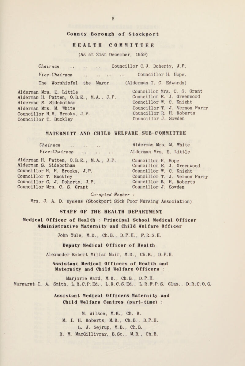 County Borough of Stockport HEALTH COMMITTEE (As at 31st December, 1959) Ch a ^ r m an o « ^ o oo Vice-Chairman The Worshipful the Mayor Alderman Mrs, E, Little Alderman H, Patten, 0. B, E*, M. A. , J. P. Alderman S, Sidebotham Alderman Mrs, M„ White Councillor H, H„ Brooks, J.P. Councillor T, Buckley Councillor C.J0 Doherty, J, P, Councillor HQ Hope, (Alderman T, C. Edwards) Councillor Mrs, C0 S. Grant Councillor E. J0 Greenwood Councillor W. C, Knight Councillor T, J, Vernon Parry Councillor R„ H. Roberts Councillor J, Sowden MATERNITY AND CHILD WELFARE SUB-COMMITTEE Chairman , 0 o s ». Vice-Chairman Alderman H0 Patten, (XB0Eo, M. A., J P„ Alderman S. Sidebotham Councillor Hs Hc Brooks, J, Pe Councillor T. Buckley Councillor C, J, Doherty, J, , P. Councillor Mrs, C, S, Grant Alderman Mrs. M. White Alderman Mrs. E, Little Councillor H, Hope Councillor Et J. Greenwood Councillor W. C. Knight Councillor T, J, Vernon Parry Councillor R H0 Roberts Councillor J, Sowden Co-opted Member : Mrs. J. A. D, Wyness (Stockport Sick Poor Nursing Association) STAFF OF THE HEALTH DEPARTMENT Medical Officer of Health “ Principal School Medical Officer Administrative Maternity and Child Welfare Officer John Yule, M. D„, Ch, B. , D P H f F. R S H, Deputy Medical Officer of Health Alexander Robert Millar Moir, M.D, , Ch, Bs, D„P,Ha Assistant Medical Officers of Health and Maternity and Child Welfare Officers : Marjorie Ward, M„B., Ch. Bo, D.PoH. Margaret I. A. Smith, L„R. C,P,Ed., L. R. C. S0 Ed., L R F P S. Glas,, D,R.C,06G, Assistant Medical Officers Maternity and Child Welfare Centres (part-time) : Mc Wilson, M.B., Ch, B. M. I. H. Roberts, M, B. , Ch. B0, D„ P. H. L, J. Sejrup, Mu B., Ch, B. R, M, MacGillivray, B. Sc., M„B. , Ch. B.