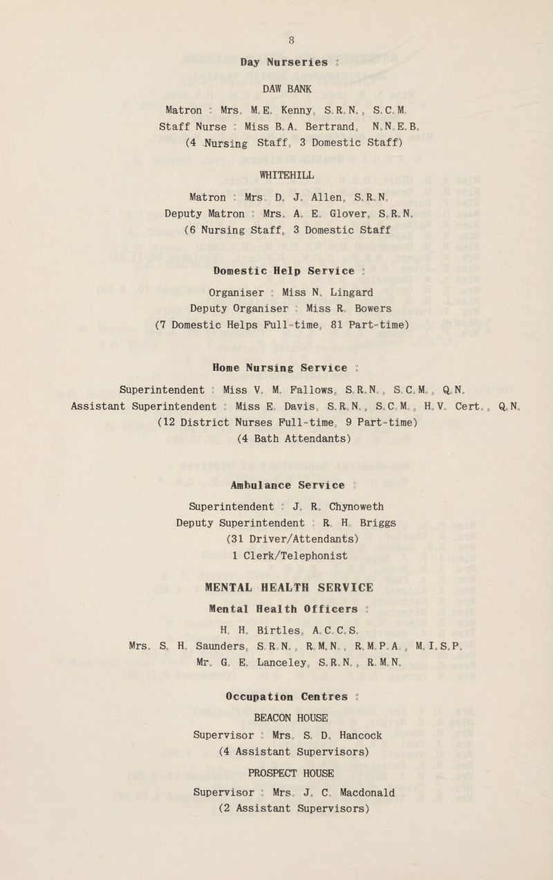 Day Nurseries s DAW BANK Matron : Mrs, M E Kenny, S,RJ., S C M Staff Nurse ° Miss B. A. Bertrand, N N E B (4 Nursing Staff, 3 Domestic Staff) WHXTEHILL Matron : Mrs, D, J, Allen, S, R. Na Deputy Matron i Mrs, A, E, Glover, S.R.N. (6 Nursing Staff, 3 Domestic Staff Domestic Help Service ° Organiser : Miss N, Lingard Deputy Organiser i Miss R. Bowers (7 Domestic Helps Full-time, 81 Part-time) Home Nursing Service s Superintendent : Miss Va Ma Fallows, S„ R„N,, S„CeMns QaNa Assistant Superintendent : Miss Ee Davis, S.R.N., SaCaMa, Ha Va Cert,, QaNa (12 District Nurses Full-time, 9 Part-time) (4 Bath Attendants) Ambulance Service ° Superintendent : Ja Ra Chynoweth Deputy Superintendent i Ra H0 Briggs (31 Driver/Attendants) 1 Clerk/Telephonist MENTAL HEALTH SERVICE Mental Health Officers : H Hs Birtles, A C C S Mrs, Sa Ha Saunders, S,R.Na, R„M.N., R,M,P,A,, MaIaSaPa Mra G0 Ea Lance ley, S R N , RJ„N, Occupation Centres ° BEACON HOUSE Supervisor i Mrs,, S. D. Hancock (4 Assistant Supervisors) PROSPECT HOUSE Supervisor : Mrs. Ja Cc Macdonald (2 Assistant Supervisors)