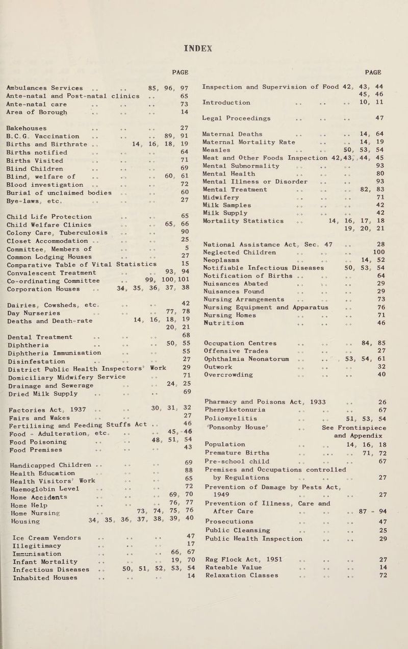 INDEX PAGE PAGE Ambulances Services . . . . 85, Ante-natal and Post-natal clinics Ante-natal care .. . . Area of Borough Bakehouses . . . . B„CoG„ Vaccination Births and Birthrate „0 14, 16, Births notified o® «<> »» Births Visited Blind Children Blinds welfare of . . . » e« Blood investigation Burial of unclaimed bodies Bye-laws, etCo o © ©© oo Child Life Protection Child Welfare Clinics Colony Care, Tuberculosis © © Closet Accommodation © © © © © © Committee,, Members of © © © © Common Lodging Houses Comparative Table of Vital Statistics Convalescent Treatment © © © © Co ordinating Committee « © 99, Corporation Houses ©© 34, 35, 36 DairieSj Cowsheds, etc© © © © © Day Nurseries Deaths and Death-rate 89, 18, 60 96, 97 65 73 14 27 91 19 64 71 69 61 72 60 27 65 66 90 25 5 27 15 93, 94 100s101 37, 38 65, 14, 16, Dental Treatment © © © © © Diphtheria Diphtheria Immunisation © © © © Disinfestation . © © © District Public Health Inspectors9 Work Domiciliary Midwifery Service © Drainage and Sewerage © » ° Dried Milk Supply 77, 18, 20, 50, 24 Factories Act, 1937 © © © © 80, 31, Fairs and Wakes © © •® Fertilising and Feeding Stuffs Act .© Food = Adulteration, etc, ©© ©° 45: Food Poisoning © © Food Premises © © Handicapped Children ., Health Education Health Visitors9 Work Haemoglobin Level © © Home Accidents « © Home Help © • Home Nursing Housing 34, 35, Ice Cream Vendors Illegitimacy Immunisation Infant Mortality Infectious Diseases Inhabited Houses 42 78 19 21 68 55 55 27 29 71 25 69 32 27 46 46 o © 4 8 p 5 1 p 54 © © © © 43 © o o © 69 o o a o 88 0 © © o 65 © © o © 72 © © a o 69 p 70 o © o © 7 6 p 77 73p 74p 75p 76 36, 37P 38p 39p 40 © © © 9 47 © a o o 17 © © © © 66, 67 a o o o 19, 70 509 51, 52, 53, 54 a © a o 14 Inspection and Supervision of Food 42, 43, 44 45, 46 Introduction © © © 9 oo 10, 11 Legal Proceedings © © © © 47 Maternal Deaths 9 B O 9 . . 14, 64 Maternal Mortality Rate 9 © 14, 19 Measles © 9 © 0 50, 53, 54 Meat and Other Foods Inspection 42, 43,,44, 45 Mental Subnormality o o 9 © 93 Mental Health © © © O 80 Mental Illness or Disorder O © o o 93 Mental Treatment © o O © oo 82, 83 Midwifery o © © © o o 71 Milk Samples o o o o o o 42 Milk Supply O 0 o o 42 Mortality Statistics o o 14, 16, 17, 18 19, 20, 21 National Assistance Act, Sec© 47 o o 28 Neglected Children © o Q O o 0 100 Neoplasms o o 0 O oo 14, 52 Notifiable Infectious Diseases 50, 53, 54 Notification of Births .© O 0 64 Nuisances Abated O 0 b O 29 Nuisances Found o © © © 29 Nursing Arrangements o © o o o o 73 Nursing Equipment and Apparatus o o 76 Nursing Homes © o © © 71 Nutrition © 9 © 9 o o 46 Occupation Centres © © O O o o 00 4* oo C/1 Offensive Trades o o © O 27 Ophthalmia Neonatorum o o © 8 p 53, 54, 61 Outwo rk o o O O o o 32 Overcrowding o o O O 40 Pharmacy and Poisons Act, Phenylketonuria Poliomyelitis sPonsonby House9 Population Premature Births © © „.© Pre-school child Premises and Occupations controlled by Regulations Prevention of Damage by Pests Act, 1949 © o © © Prevention of Illness, Care and After Care © © Prosecutions Public Cleansing © © © © Public Health Inspection Rag Flock Act, 1951 Rateable Value © © © © Relaxation Classes © © © © 1933 © © 26 © o © © 67 © © 51, 53, 54 See Frontispiece and Appendix 14, 16, 18 71. 87 72 67 27 27 94 47 25 29 27 14 72