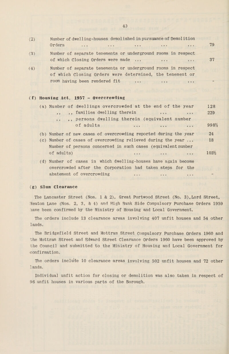 (3) (4) Orders . o o . o o .. o ... .. . Number of separate tenements or underground rooms in respect of which Closing Orders were made ... ... ... Number of separate tenements or underground rooms in respect of which Closing Orders were determined, the tenement or room having been rendered fit ... „.. ... 79 37 (f) Housing Act, 1957 - Overcrowding (a) Number of dwellings overcrowded at the end of the year 128 ,, ,, families dwelling therein ... ... 229 , , ,, persons dwell ing therein (equivalent number of adults „ „» 000 ooo 998$ (b) Number of new cases of overcrowding reported during the year 24 (c) Number of cases of overcrowding relieved during the year .o. 18 Number of persons concerned in such cases (equivalent number of adults) ooo ooo ooo 103$ (d) Number of cases in which dwelling-houses have again become overcrowded after the Corporation had taken steps for the abatement of overcrowding ... ... 0•. (g) Slum Clearance The Lancaster Street (Nos„ 1 & 2), Great Portwood Street (No0 3),Lord Street, Heaton Lane (Nos. 2, 3, & 4) and High Bank Side Compulsory Purchase Orders 1959 lave been confirmed by the Ministry of Housing and Local Government. The orders include 13 clearance areas involving 407 unfit houses and 54 other lands. The Bridgefield Street and Mottram Street Compulsory Purchase Orders 1960 and the Mottram Street and Edward Street Clearance Orders 1960 have been approved by the Council and submitted to the Ministry of Housing and Local Government for confirmation. The orders include 10 clearance areas involving 502 unfit houses and 72 other lands. Individual unfit action for closing or demolition was also taken in respect of 96 unfit houses in various parts of the Borough.