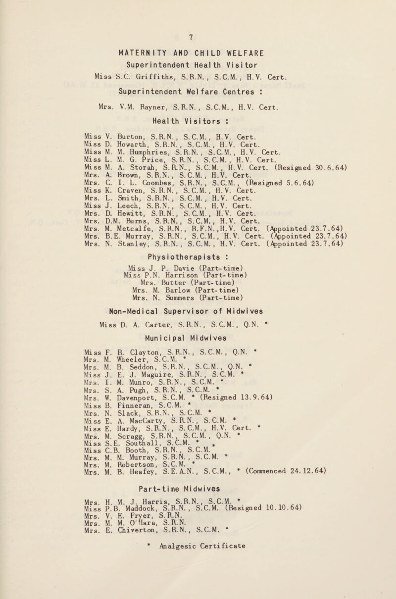 MATERNITY AND CHILD WELFARE Superintendent Health Visitor Miss S„C. Griffiths, S.R.N., S.C.M. , H.V. Cert. Superintendent Welfare Centres : Mrs. V.M. Rayner, S.R.N., S.C.M. , H.V. Cert. Health Visitors : Miss V. Burton, S.R.N., S.C.M. , H.V. Cert. Miss D. Howarth, S.R.N. , S.C.M., H.V. Cert. Miss M. M, Humphries, S.R.N., S.C.M., H.V. Cert. Miss L. M. G. Price, S.R.N., S.C.M., H.V. Cert. Miss M. A. Storah, S.R.N.., S.C.M., H.V. Cert. (Resigned 30.6.64) Mrs. A. Brown, S.R.N., S.C.M., H.V. Cert. Mrs. C. I. L. Coombes, S.R.N., S.C.M., (Resigned 5.6.64) Miss K. Craven, S.R.N., S.C.M., H.V. Cert. Mrs. L. Smith, S.R.N., S.C.M., H.V. Cert. Miss J. Leech, S.R.N., S.C.M., H.V. Cert. Mrs. D„ Hewitt, S.R.N., S.C.M., H.V. Cert. Mrs. D.M. Bums, S.R.N., S.C.M., H.V. Cert. Mrs. M. Metcalfe, S.R.N., R.F.N.,H.V. Cert. (Appointed 23.7.64) Mrs. B.E. Murray, S.R.N., S.C.M., H.V. Cert. (Appointed 23.7.64) Mrs. N. Stanley, S.R.N., S.C.M., H.V. Cert. (Appointed 23.7.64) Physiotherapists l Miss J. P. Davie (Part-time) Miss P.N. Harrison (Part-time) Mrs. Butter (Part-time) Mrs. M. Barlow (Part-time) Mrs. N. Summers (Part-time) Non-Medical Supervisor of Midwives Miss D. A. Carter, S.R.N., S.C.M., Q.N. * Municipal Midwives Miss F. R. Clayton, S.R.N., S.C.M., Q.N. * Mrs. M. Wheeler, S.C.M. * Mrs. M. B. Seddon, S.R.N., S.C.M., Q.N. * Miss J. E. J. Maguire, S.R.N., S.C.M. * Mrs. I. M. Munro, S.R.N., S.C.M. * Mrs. S. A. Pugh, S.R.N., S.C.M. * Mrs. W. Davenport, S.C.M. * (Resigned 13.9.64) Miss B. Finneran, S.C.M. * Mrs. N. Slack, S.R.N., S.C.M. * Miss E. A. MacCarty, S.R.N., S.C.M. * Miss E. Hardy, S.R.N., S.C.M., H.V. Cert. * Mrs. M. Scragg, S.R.N., S.C.M., Q.N. * Miss S.E. Southall, S.C.M. * # Miss C.B. Booth, S.R.N., S.C.M. Mrs. M. M. Murray, S.R.N., S.C.M. * Mrs. M. Robertson, S.C.M. * Mrs. M. B. Heafey, S. E. A.N. , S.C.M., * (Commenced 24.12.64) Part-time Midwives Mrs. H. M. J. Harris, S.R.N., Miss P.B. Maddock, S.R.N., S. Mrs. V. E. Fryer, S.R.N. Mrs. M. M. O'Hara, S.R.N. Mrs. E. Chiverton, S.R.N., S.C.M. S.C.M. * C.M. (Resigned 10.10.64) * Analgesic Certificate