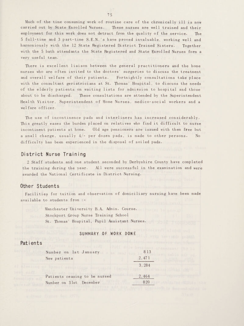 Much of the time consuming work of routine care of the chronically ill is now carried out by State Enrolled Nurses* These nurses are well trained and their employment for this work does not detract from the quality of the service. The 5 full-time and 3 part-time S.E.N.'s have proved invaluable, working well and harmoniously with the 12 State Registered District Trained Sisters. Together with the 5 bath attendants the State Registered and State Enrolled Nurses form a very useful team. There is excellent liaison between the general practitioners and the home nurses who are often invited to the doctors surgeries to discuss the treatment and overall welfare of their patients. Fortnightly consultations take place with the consultant geriatricians at St. Thomas Hospital, to discuss the needs of the elderly patients on waiting lists for admission to hospital and those about to be discharged. These consultations are attended by the Superintendent Health Visitor, Superintendent of Home Nurses, medico™social workers and a welfare officer. The use of incontinence pads and interliners has increased considerably. This greatly eases the burden placed on relatives who find it difficult to nurse incontinent patients at home. Old age pensioners are issued with them free but a small charge, usually 4/- per dozen pads, is made to other persons. No difficulty has been experienced in the disposal of soiled pads. District Nurse Training 2 Staff students and one student seconded by Derbyshire County have completed the training during the year. All were successful in the examination and were awarded the National Certificate in District Nursing. Other Students Facilities for tuition and observation of domiciliary nursing have been made available to students from Manchester University B.A. Admin. Course. Stockport Group Nurse Training School St- Thomas' Hospital, Pupil Assistant Nurses. SUMMARY OF WORK DONE Pat i ents Number on 1st January 8 13 New patients 2,471 3,284 2,464 820 Patients ceasing to be nursed Number on 31st December