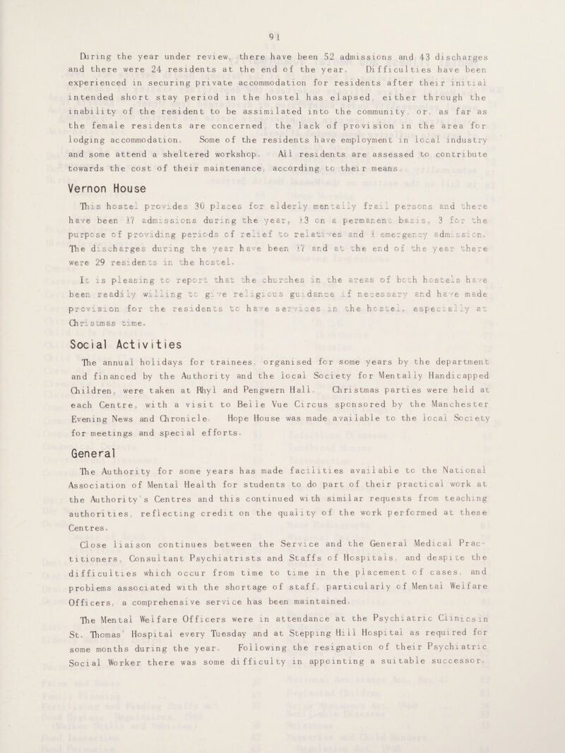 Hiring the year under review, there have been 52 admissions and 43 discharges and there were 24 residents at the end of the year. Difficulties have been experienced in securing private accommodation for residents after their initial intended short stay period in the hostel has elapsed, either through the inability of the resident to be assimilated into the community, or, as far as the female residents are concerned, the lack of provision in the area for lodging accommodation. Some of the residents have employment in local industry and some attend a sheltered workshop,, All residents are assessed to contribute towards the cost of their maintenance, according to their means, Vernon House Th is hostel provides 30 places for elderly mentally frail persons and there have been 17 admissions during the year, 13 on a permanent basis, 3 for the purpose of providing periods of relief to relatives and 1 emergency admission. The discharges during the year have been 17 and at the end of the year there were 29 residents in the hcsteL. It is pleasing to report that the churches in the areas of both hostels have been readily willing tc give religious guidance if necessary and ha^e made prevision for the residents tc have services in the hostel, especially at Christmas time. Social Activities The annual holidays for trainees organised for some years by the department and financed by the Authority and the local Society for Mentally Handicapped Children, were taken at Rhyl and Pengwern Hall. Christmas parties were held at each Centre, with a visit to Belie Vue Circus sponsored by the Manchester Evening News and Chronicle, Hope House was made available to the local Society for meetings and special efforts. General The Authority for some years has made facilities available to the National Association of Mental Health for students to do part of their practical work at the Authority s Centres and this continued with similar requests from teaching authorities reflecting credit on the quality of the work performed at these Centres, Close liaison continues between the Service and the General Medical Prac¬ titioners, Consultant Psychiatrists and Staffs of Hospitals and despite the difficulties which occur from time to time in the placement of cases, and problems associated with the shortage of staff, particularly of Mental Welfare Officers, a comprehensive service has been maintained- The Mental Welfare Officers were in attendance at the Psychiatric Clinicsin St. Thomas Hospital every Tuesday and at Stepping Hill Hospital as required for some months during the year. Following the resignation of their Psychiatric Social Worker there was some difficulty in appointing a suitable successor.