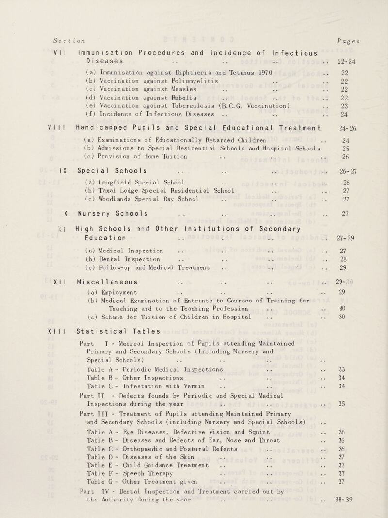 Section VI! Immunisation Procedures and incidence of Infectious Diseases •. .. .. (a) Immunisation against Diphtheria and Tetanus 1970 (b; Vaccination against Poliomyelitis (c) Vaccination against Measles (d) Vaccination against Rubella (e) Vaccination against Tuberculosis (B.C.G. Vaccination) (f) Incidence of Infectious Diseases VIM Handicapped Pupils and Special Educational Treatment (aj Examinations of Educationally Retarded Children (bj Admissions to Special Residential Schools and Hospital Schools (c) Provision of Home Tuition IX Special Schools (a) Longfield Special School (b) Taxal Lodge Special Residential School (c) Woodlands Special Day School X Nursery Schools X| High Schools and Other Institutions of Secondary Education Pages 22 24 22 22 22 22 23 24 24= 26 24 25 26 26- 27 26 27 27 27 27 29 (a) Medical Inspection . . . . . . ..27 (b) Dental Inspection . . .. . . . . 28 (c) Follow-up and Medical Treatment .. .. ' ..29 XII Miscellaneous .. .. .. .. 29-3 (a) Employment .. .. .. ..29 (b) Medical Examination of Entrants to Courses of Training for Teaching and to the Teaching Profession .. ..30 (c) Scheme for Tuition of Children in Hospital .. ..30 XIII Statistical Tables Part I - Medical Inspection of Pupils attending Maintained Primary and Secondary Schools (Including Nursery and Special Schools) Table A - Periodic Medical Inspections Table B ~ Other Inspections Table C - Infestation with Vermin Part II ” Defects founds by Periodic and Special Medical Inspections during the year ». Part III - Treatment of Pupils attending Maintained Primary and Secondary Schools (including Nursery and Special Schools) Table A - Eye Diseases, Defective Vision and Squint Table B - Diseases and Defects of Ear, Nose and Throat Table C - Orthopaedic and Postural Defects Table D - Diseases of the Skin Table E - Child Guidance Treatment Table F = Speech Therapy Table G - Other Treatment given Part IV = Dental Inspection and Treatment carried out by the Authority during the year 33 34 34 35 36 36 36 37 37 37 37 38- 39