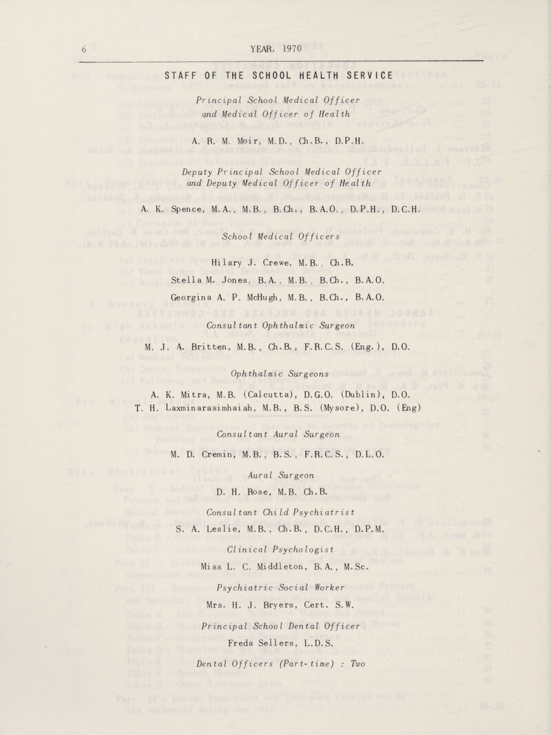 STAFF OF THE SCHOOL HEALTH SERVICE Principal School Medical Officer and Medical Officer of Health A. R. Mo Moir„ M.D., Ch.Be, D.P.H. Deputy Princip al School Medical Officer and Deputy Medical Officer of Health Ao K. Spence, M. A„ , M.B., B. Ch. , B.A.O., D.C.H, School Medical Officers Hilary J. Crewe, M. B, , Ch.B. Stella Me Jones, B.A. , M.B. , B.Ch., B.AoO. Georgina A, P, McHugh, M, B„ , BoChe, B. A.O. Consultant Ophthalmic Surgeon Mo J. A, Britten, M.B,, Ch.B., FoReC, S„ (Eng.), D.O, Ophthalmic Surgeons A. Ko Mitra, M.B, (Calcutta), D.G.O, (Dublin), DoO. T„ Ho Laxminarasimhaiah, M.B., B.S. (Mysore), D.O. (Eng) Consultant Aural Surgeon M. Do Cremin, M.B. , B. S. , F.RoC.S., D.L.O. Aural Surgeon D. Ho Rose, M.B. Ch.B. Consultant Child Psychiatrist S. A. Leslie, M.B. , Ch.B., D.C.H., D.P.M. Clinical Psychologist Miss L. C. Middleton, B. A. , M.Sc. Psychiatric Social Worker Mrs. H. J. Bryers, Cert. S. W. Principal School Dental Officer Freda Sellers, L.D.S. Dental Officers (Part-time) : Two