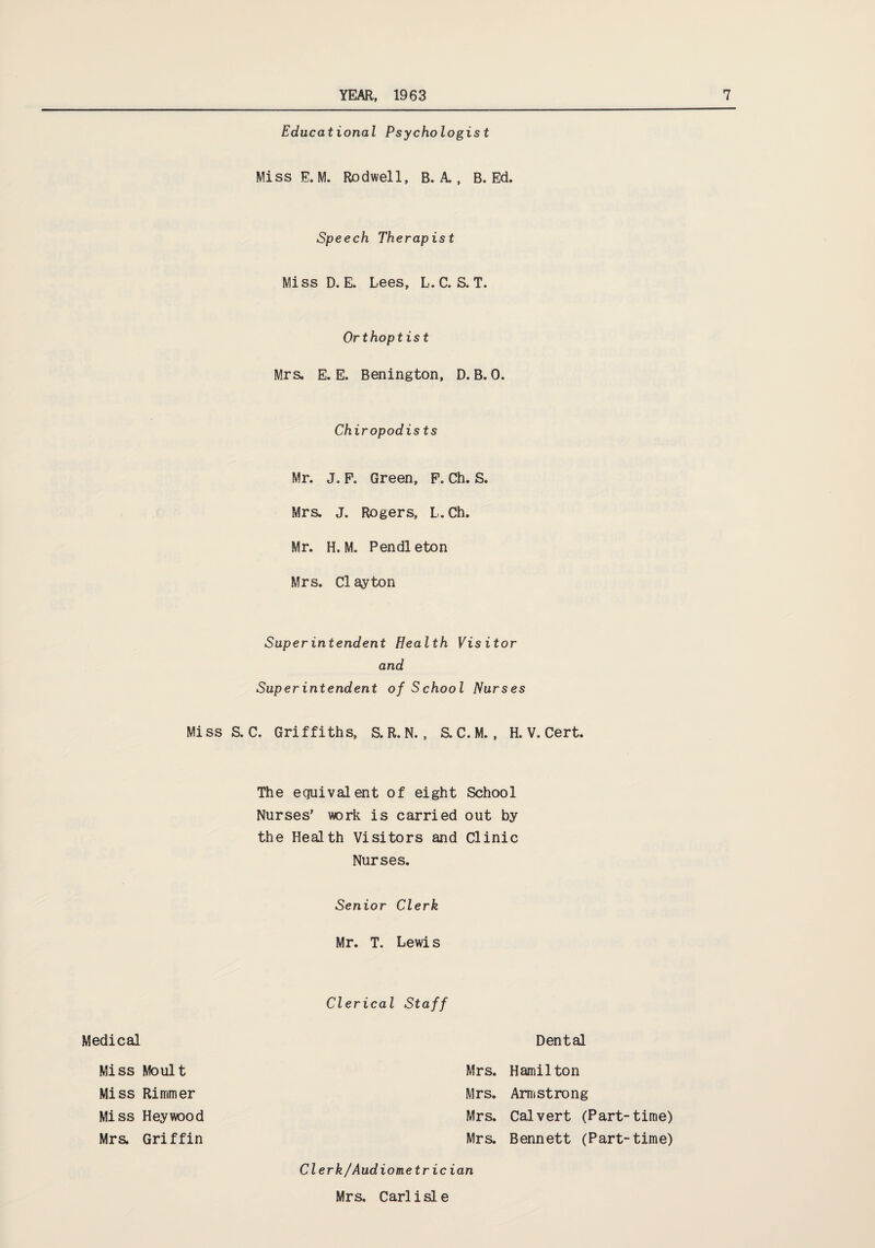 Educational Psychologist Miss E. M. Rodwell, B. A., B. Ed. Speech Therapist Miss D. E. Lees, L. C. S. T. Orthoptist Mrs. E. E. Benington, D. B. 0. Chiropodists Mr. J. P. Green, F. Ch. S. Mrs. J. Rogers, L.Ch. Mr. H. M. Pendleton Mrs. Cl ay ton Superintendent Health Visitor and Superintendent of School Nurses Miss S. C. Griffiths, S.R.N. , S.C.M. , H. V. Cert. The equivalent of eight School Nurses' work is carried out by the Health Visitors and Clinic Nurses. Senior Clerk Mr. T. Lewis Clerical Staff Medical Dental Miss Moult Mrs. Hamilton Miss Riminer Mrs. Armstrong Miss Hey wood Mrs. Calvert (Part-time) Mrs. Griffin Mrs. Bennett (Part-time) Clerk/Audiometrician Mrs. Carl i si e