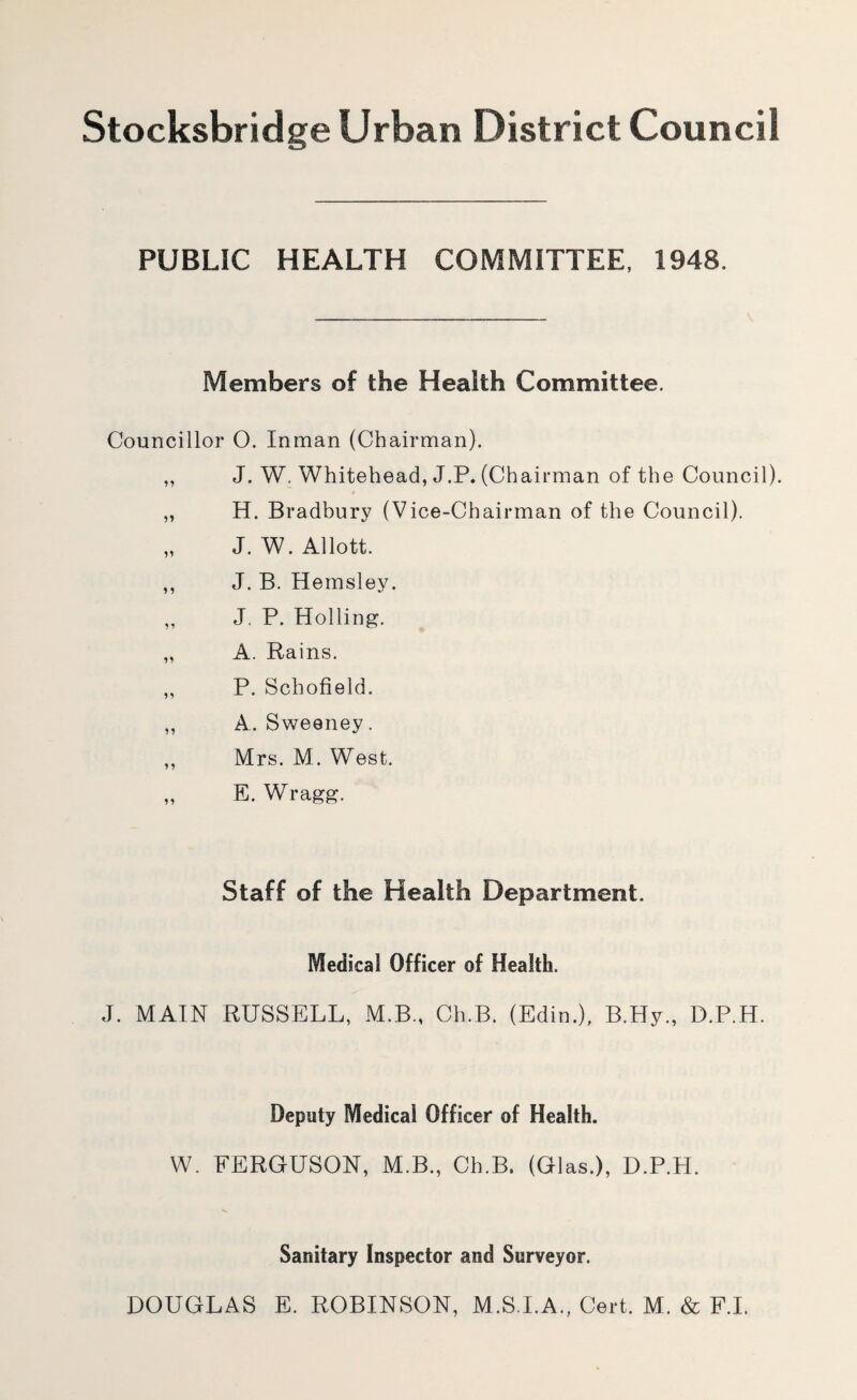 PUBLIC HEALTH COMMITTEE. 1948. Members of the Health Committee. Councillor O. Inman (Chairman). ,, J. W. Whitehead, J.P. (Chairman of the Council). „ H. Bradbury (Vice-Chairman of the Council). „ J. W. Allott. ,, J. B. Hemsley. ,, J. P. Holling. ,, A. Rains. „ P. Schofield. „ A. Sweeney. ,, Mrs. M. West. „ E. Wragg. Staff of the Health Department. Medical Officer of Health. J. MAIN RUSSELL, M.B., Ch.B. (Edin.), B.Hy., D.P.H. Deputy Medical Officer of Health. W. FERGUSON, M.B., Ch.B. (Glas.), D.P.H. Sanitary Inspector and Surveyor. DOUGLAS E. ROBINSON, M.S.I.A., Cert. M. & F.L