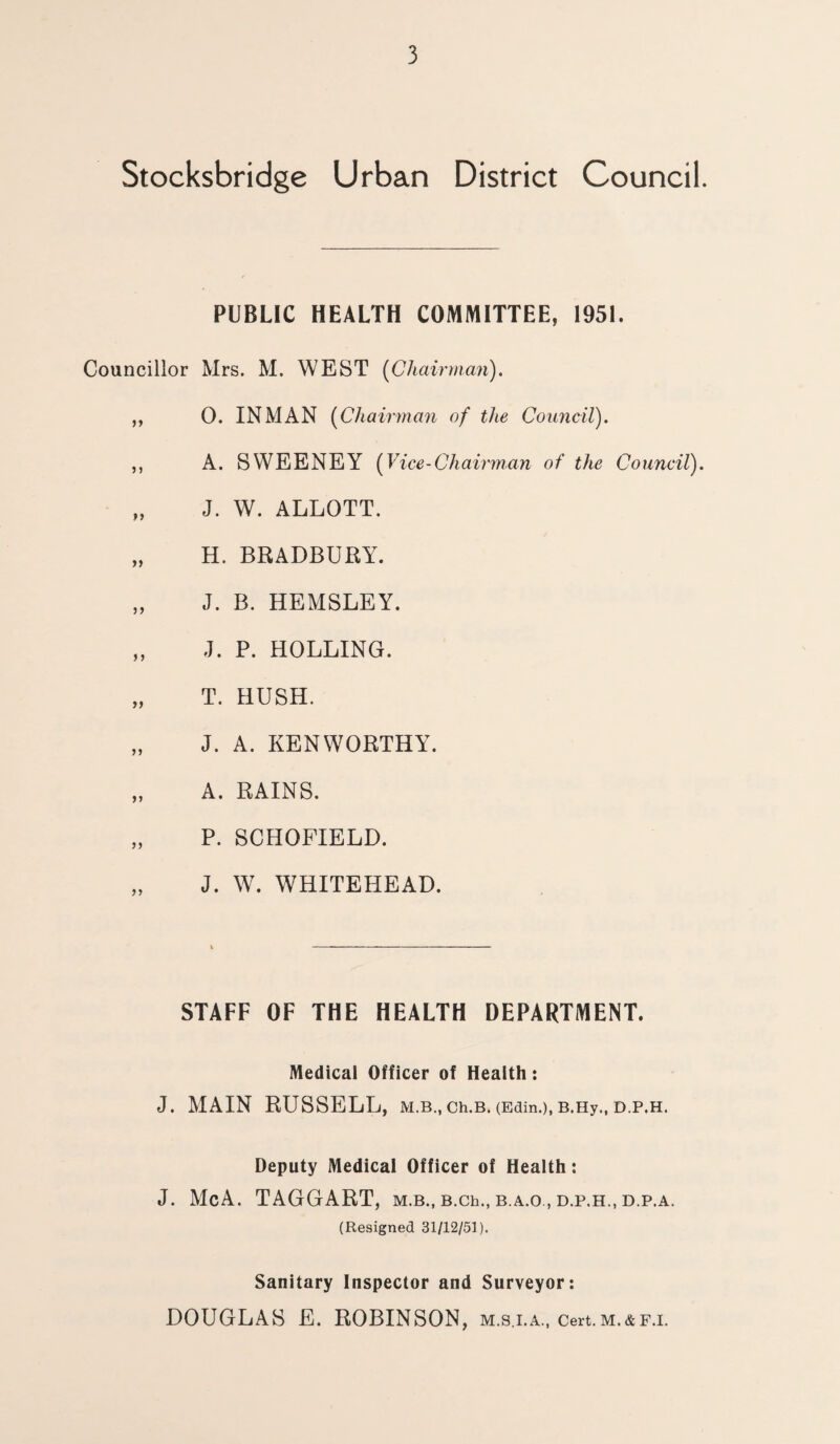 Stocksbridge Urban District Council. PUBLIC HEALTH COMMITTEE, 1951. Councillor Mrs. M. WEST (Chairman). ,, 0. INMAN (Chairman of the Council). ,, A. SWEENEY (Vice-Chairman of the Council). „ J. W. ALLOTT. „ H. BRADBURY. „ J. B. HEMSLEY. „ J. P. HOLLING. „ T. HUSH. „ J. A. KENWORTHY. „ A. RAINS. „ P. SCHOFIELD. „ J. W. WHITEHEAD. STAFF OF THE HEALTH DEPARTMENT. Medical Officer of Health: J. MAIN RUSSELL, M.B., Ch.B. (Edin.), B.Hy., D.P.H. Deputy Medical Officer of Health: J. McA. TAGGART, m.b., B.ch., b.a.o , d.p.h., d.p.a. (Resigned 31/12/51). Sanitary Inspector and Surveyor: DOUGLAS E. ROBINSON, m.s.i.a., cert.m.&f.i.