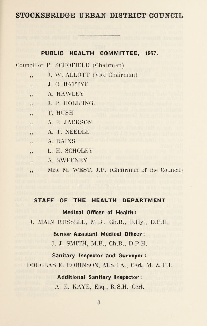 PUBLIC HEALTH COMMITTEE, 1957. Councillor P. SCHOFIELD (Chairman) ,, J. W. ALLOTT (Vice-Chairman) ,, J. C. B ATT YE ,, A. HAWLEY ,, J. P. HOLLIING. ,, T. HUSH ,, A. E. JACKSON ,, A. T. NEEDLE ,, A. RAINS ,, L. H. SCHOLEY ,, A. SWEENEY ,, Mrs. M. WEST, J.P. (Chairman of the Council) STAFF OF THE HEALTH DEPARTMENT Medical Officer of Health: J. MAIN RUSSELL, M.B., Ch.B., B.Hy., D.P.IL Senior Assistant Medical Officer: J. J. SMITH, M.B., Ch.B., D.P.H. Sanitary Inspector and Surveyor: DOUGLAS E. ROBINSON, M.S.I.A., Cert. M. & F.I. Additional Sanitary Inspector: A. E. KAYE, Esq., R.S.H. Cert.