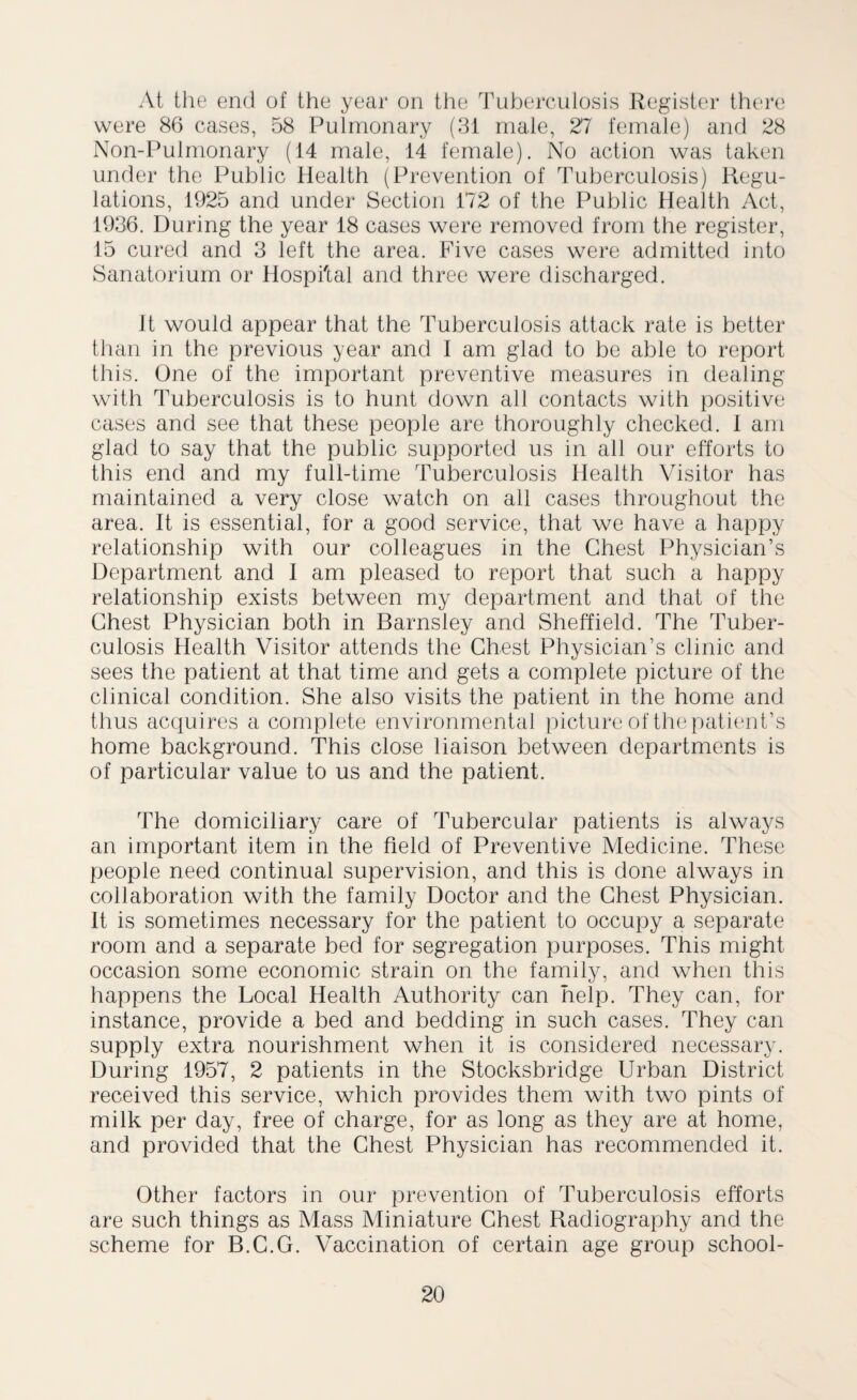 At the end of the year on the Tuberculosis Register there were 86 cases, 58 Pulmonary (31 male, 27 female) and 28 Non-Pulmonary (14 male, 14 female). No action was taken under the Public Health (Prevention of Tuberculosis) Regu¬ lations, 1925 and under Section 172 of the Public Health Act, 1936. During the year 18 cases were removed from the register, 15 cured and 3 left the area. Five cases were admitted into Sanatorium or Hospi'tal and three were discharged. It would appear that the Tuberculosis attack rate is better than in the previous year and I am glad to be able to report this. One of the important preventive measures in dealing with Tuberculosis is to hunt down all contacts with positive cases and see that these people are thoroughly checked. 1 am glad to say that the public supported us in all our efforts to this end and my full-time Tuberculosis Health Visitor has maintained a very close watch on all cases throughout the area. It is essential, for a good service, that we have a happy relationship with our colleagues in the Chest Physician’s Department and I am pleased to report that such a happy relationship exists between my department and that of the Chest Physician both in Barnsley and Sheffield. The Tuber¬ culosis Health Visitor attends the Chest Physician’s clinic and sees the patient at that time and gets a complete picture of the clinical condition. She also visits the patient in the home and thus acquires a complete environmental picture of the patient’s home background. This close liaison between departments is of particular value to us and the patient. The domiciliary care of Tubercular patients is always an important item in the field of Preventive Medicine. These people need continual supervision, and this is done always in collaboration with the family Doctor and the Chest Physician. It is sometimes necessary for the patient to occupy a separate room and a separate bed for segregation purposes. This might occasion some economic strain on the family, and when this happens the Local Health Authority can help. They can, for instance, provide a bed and bedding in such cases. They can supply extra nourishment when it is considered necessary. During 1957, 2 patients in the Stocksbridge Urban District received this service, which provides them with two pints of milk per day, free of charge, for as long as they are at home, and provided that the Chest Physician has recommended it. Other factors in our prevention of Tuberculosis efforts are such things as Mass Miniature Chest Radiography and the scheme for B.C.G. Vaccination of certain age group school-