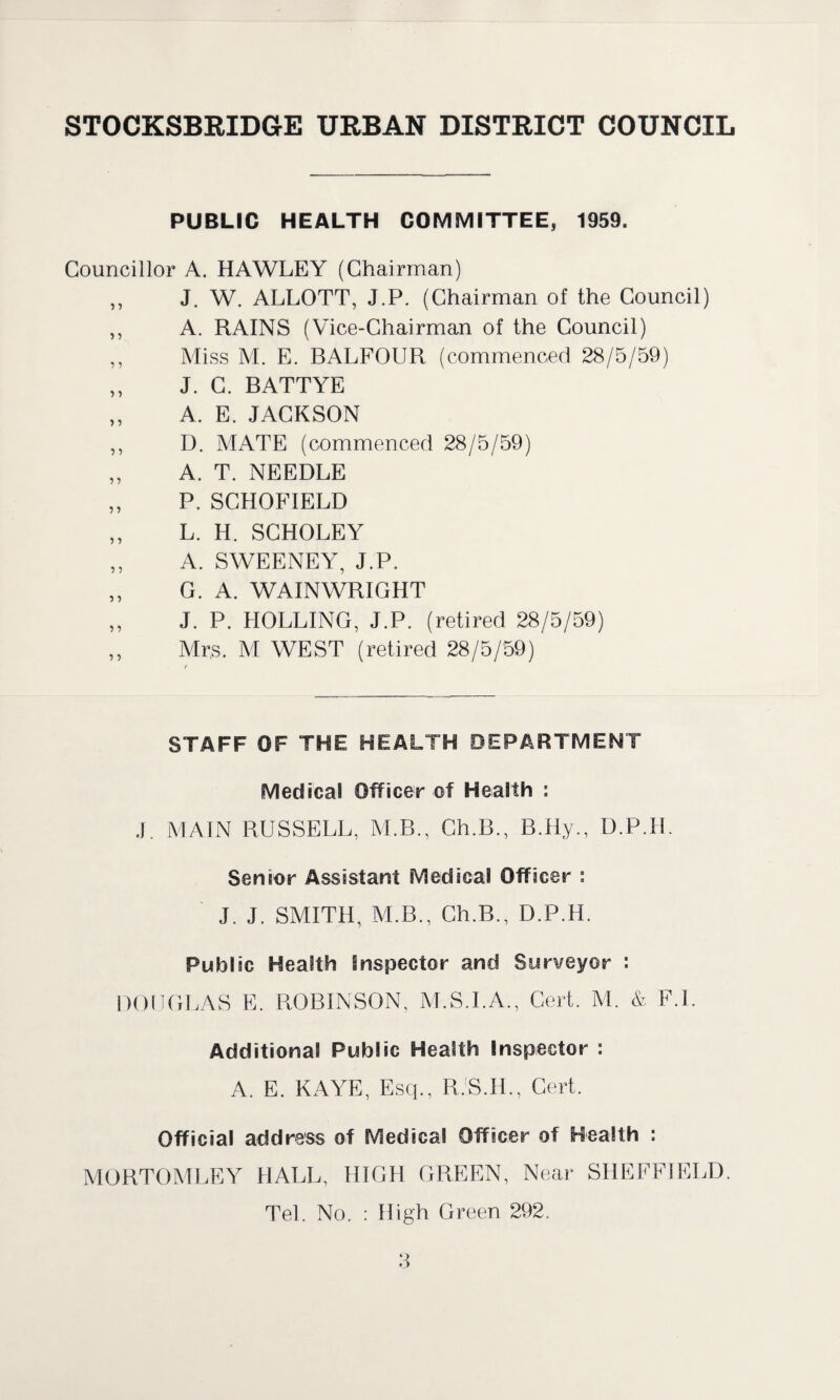 PUBLIC HEALTH COMMITTEE, 1959. Councillor A. HAWLEY (Chairman) ,, J. W. ALLOTT, J.P. (Chairman of the Council) ,, A. RAINS (Vice-Chairman of the Council) ,, Miss M. E. BALFOUR (commenced 28/5/59) „ J. C. BATTYE ,, A. E. JACKSON ,, D. MATE (commenced 28/5/59) ,, A. T. NEEDLE „ P. SCHOFIELD ,, L. H. SCHOLEY ,, A. SWEENEY, J.P. ,, G. A. WAINWRIGH'T ,, J. P. HOLDING, J.P. (retired 28/5/59) ,, Mrs. M WEST (retired 28/5/59) f STAFF OF THE HEALTH DEPARTMENT Medical Officer of Health : J. MAIN RUSSELL, M.B., Ch.B., B.Hy., D.P.H. Sensor Assistant Medical Officer : J. J. SMITH, M.B., Ch.B., D.P.H. Public Health Inspector and Surveyor : DOUGLAS E. ROBINSON. M.S.I.A., Cert. M. & F.l. Additional Public Health Inspector : A. E. KAYE, Esq., R.S.H., Cert. Official address of Medical Officer of Health : MORTOMLEY HALL, HIGH GREEN, Near SHEFFIELD. Tel. No. : High Green 292.