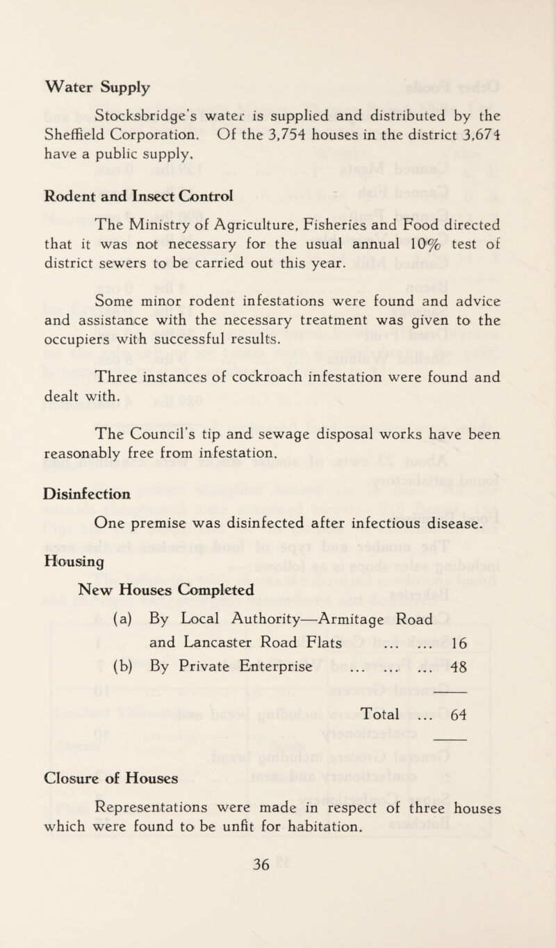 Water Supply Stocksbridge’s water is supplied and distributed by the Sheffield Corporation. Of the 3,754 houses in the district 3,674 have a public supply. Rodent and Insect Control The Ministry of Agriculture, Fisheries and Food directed that it was not necessary for the usual annual 10% test of district sewers to be carried out this year. Some minor rodent infestations were found and advice and assistance with the necessary treatment was given to the occupiers with successful results. Three instances of cockroach infestation were found and dealt with. The Council’s tip and sewage disposal works have been reasonably free from infestation. Disinfection One premise was disinfected after infectious disease. Housing New Houses Completed (a) By Local Authority—Armitage Road and Lancaster Road Flats . 16 (b) By Private Enterprise . 48 Total ... 64 Closure of Houses Representations were made in respect of three houses which were found to be unfit for habitation.