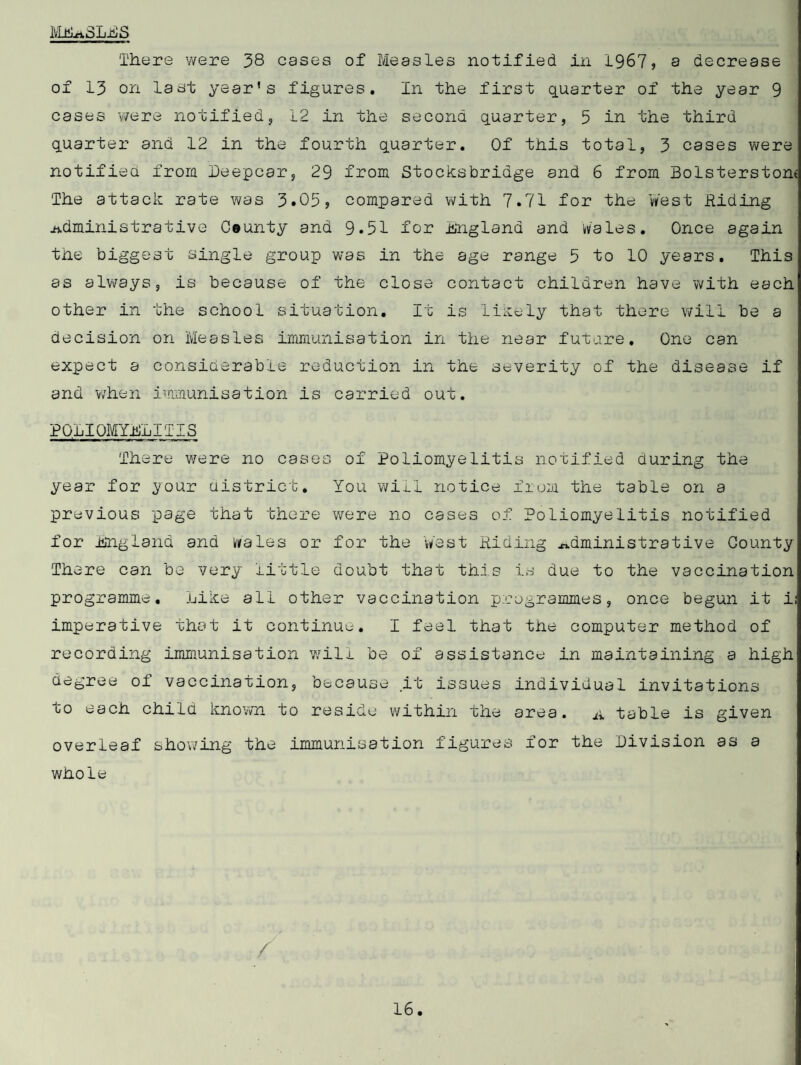 CLINICS. CHI Li) \y LLFaiLS . The Clinics held in Stocksbricge area are listed below, together with the number of attendances during the year 1967* CHILI) JELFaHD CENTHnS Name and Address of Centre Name of Doctor and Health Visitor in attendance. Day and Time of Sessions. Total number of attendances during the year. STOCNSBRIDGE Thursday p.m. _1 Number who attended for first time during 1967 Children up to 5 years Johnson Street. Dr. M. Hannon. Dr. G-. Brennan. Dr. H. Patel. Miss J. Incles. Mrs. M.a. naycock (Asst.) Mrs. L.M. Sellars. 505 ; j 3,124 HEaLTH VISITING. The Health Visiting staff remained stable throughout the year, no change taking place. Houtine home visits to newly-born babies, to toddlers, and duties within the School Health Service were carried out. In addition, curing the past year the staff have been provided with a new outlook owing to the computer scheme being arranged for immunisation and vaccination, the Health Visitors being asked to participate in a pilot scheme. The Health Visitors have responded very well, and it would appear that the effort is worth while. The duties of the Health Visitor include deaf screening tests on all children, tests for early detection of hip deformity and phenylketonuria, and attending screening sessions for early detection of cancer in women. Mothers have responded well to the